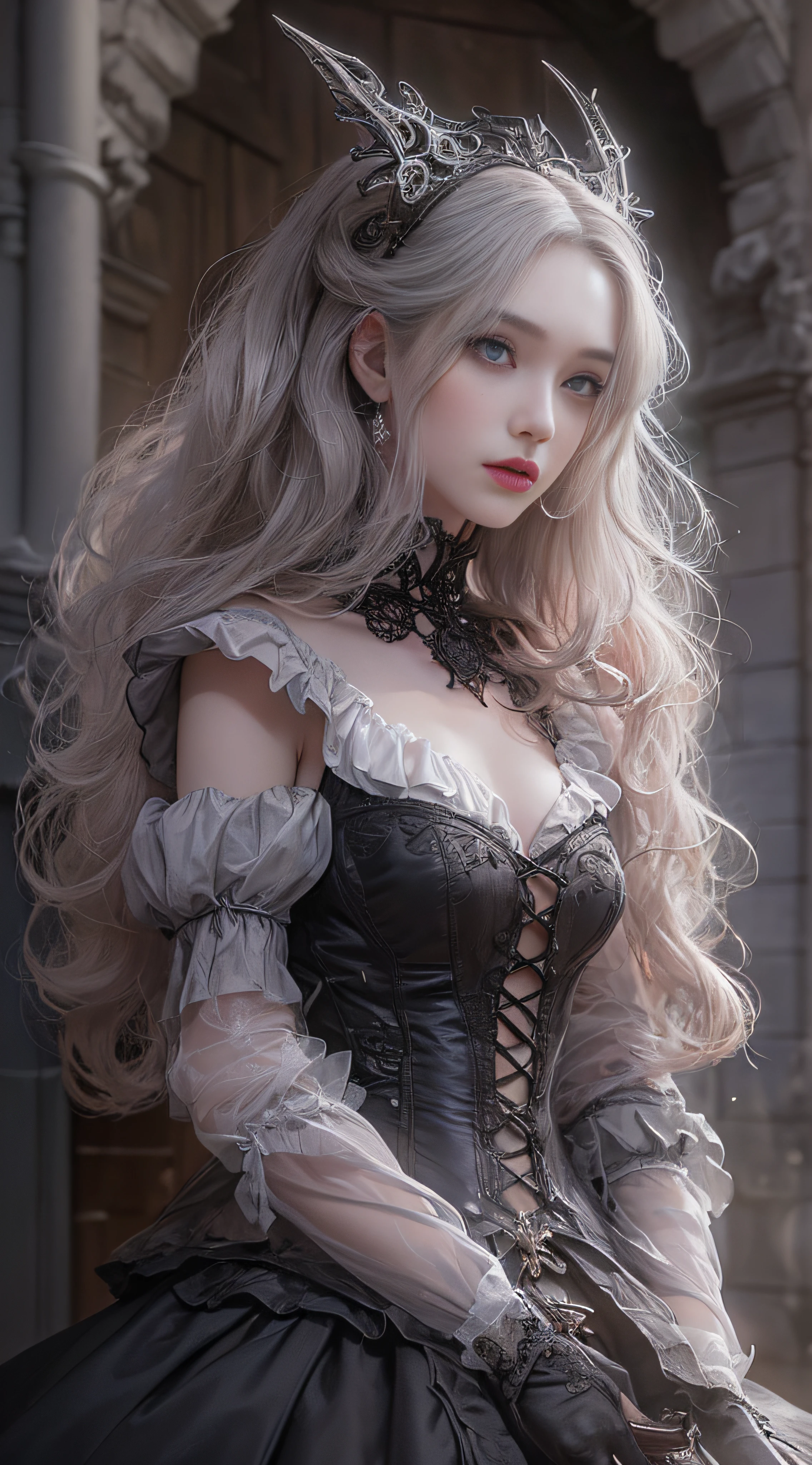 Photorealistic, High resolution, 1womanl, Solo, hips up high, view the viewer, (Detailed face), White hair, Long hair, White Maid Clothes, Jewelry、)(cropped shoulders)、(((Raise the skirt to the chest)))、)(up skirt)((Black lace panties visible))