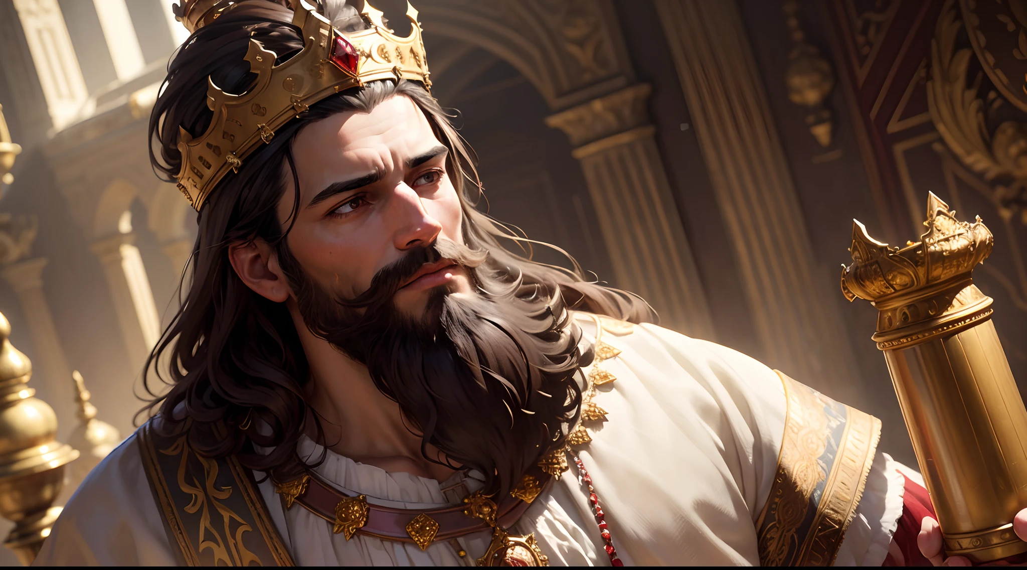 8k portrait of King Solomon, with medium beard, (dark brown hair and beard), brown eyes, dressed in white and red tonic, ((with a king's crown on his head with 12 precious stones of different colors)), intricate, elegant, highly detailed, majestic, digital photography, art by artgerm and ruan jia and greg rutkowski surreal painting, background an interior of a super detailed palace (masterpiece, Side lighting, beautiful finely detailed eyes: 1.2), HDR