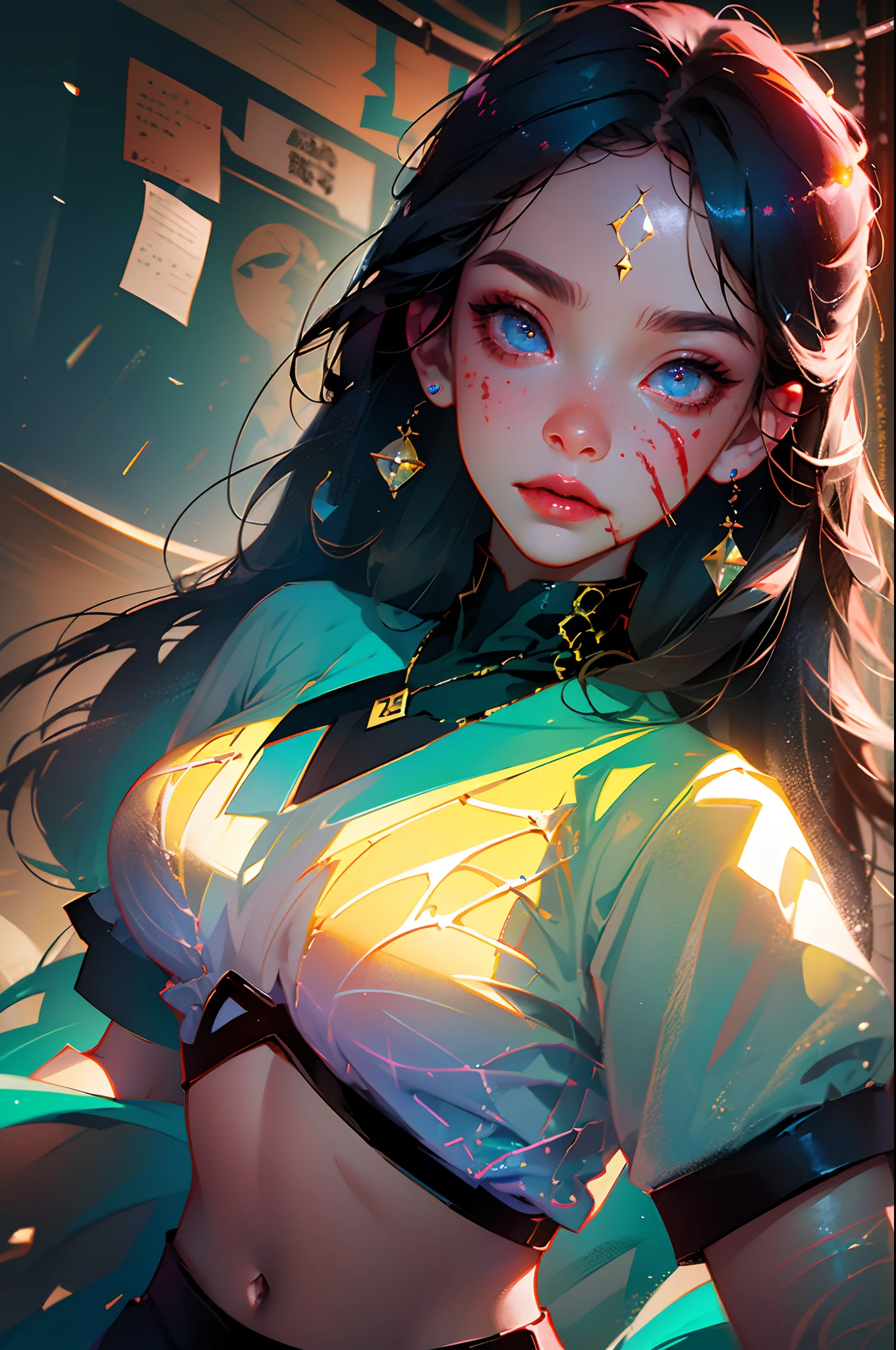 absurdres, 1girl,medium breast, star eye, blush, (realistic:1.5), (masterpiece, Extremely detailed CG unity 8k wallpaper, best quality, highres:1.2), (ultra_detailed, UHD:1.2), (pixiv:1.3), perfect illumination, distinct, (1girl:1.4), (bishoujo:1.2), looking at viewer, unreal engine, sidelighting, perfect face, detailed face, bangs, perfect body, beautiful eyes, pretty face, (bright skin:1.4), idol, (abs), ulzzang-6500-v1.1, (navel), ruins, dark place, night, dark aura, close-up, selfie, (blood on face:1.4), (evil smile:1.1)