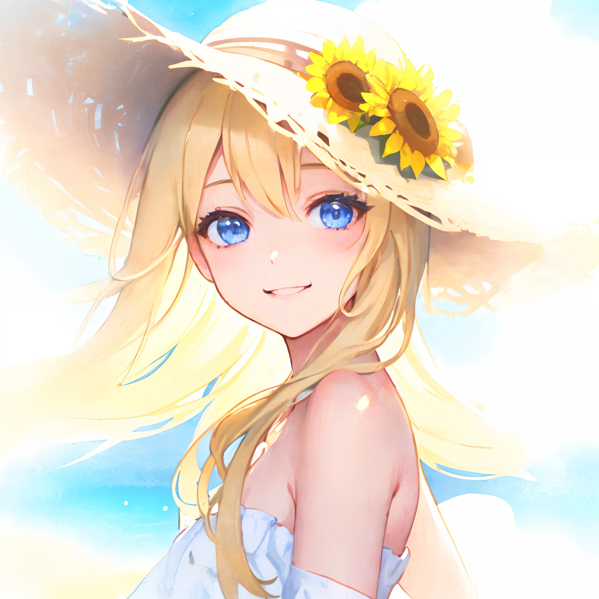 closeup portrait of girl in a plain white off-shoulder strapless sundress, flowing blonde hair, blue eyes, very large straw hat, sunflowers, grass, windy, smiling, looking at camera, extremely detailed, best quality, beautiful, masterpiece, pastel colors, high details, bokeh, depth-of-field