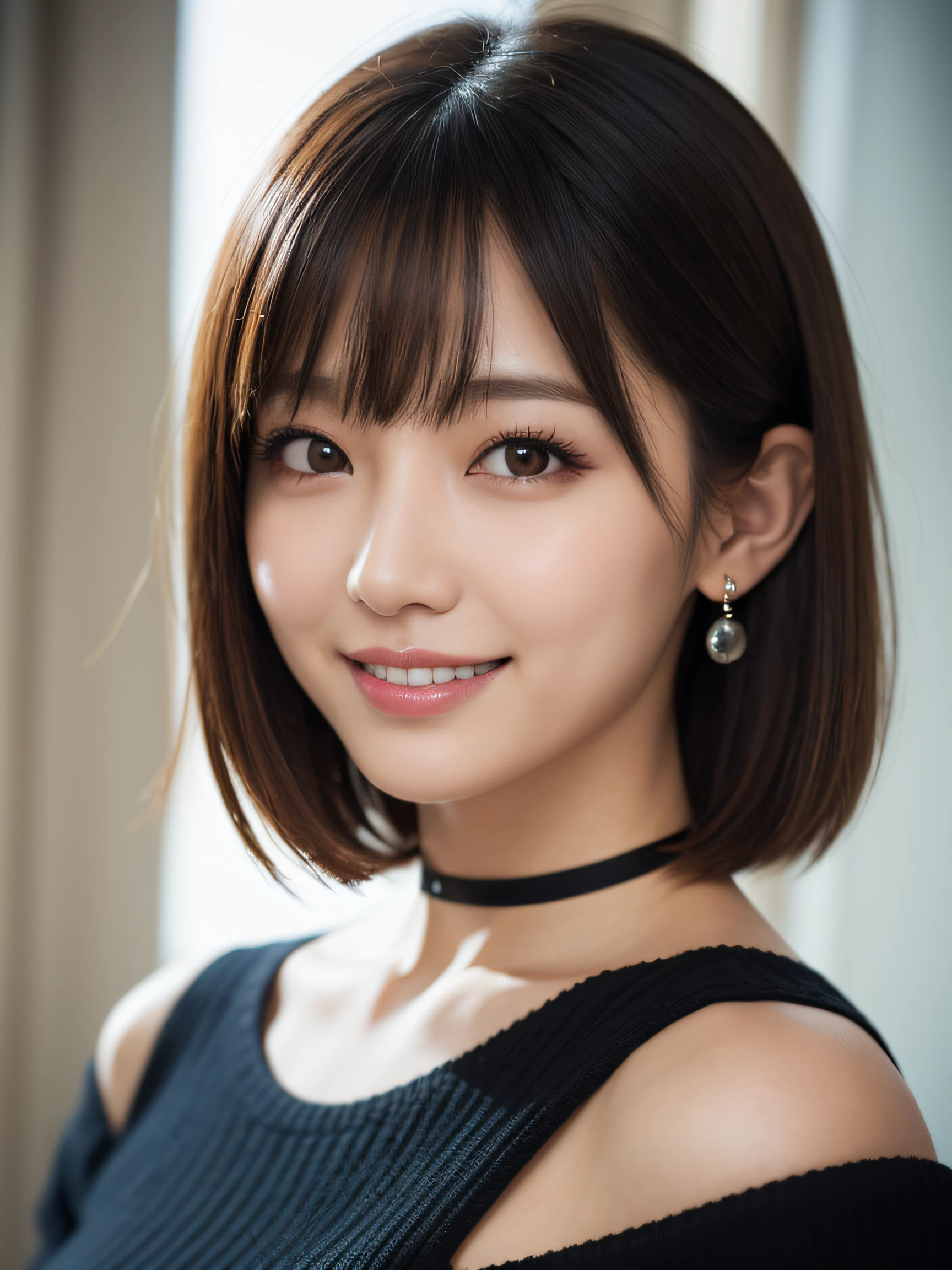 of the highest quality, masutepiece, Ultra High Resolution, Photorealistic, 1 girl, off shoulders, knit, Smile, Smile, slightly visible, Oversized_Sweaters, Soft lighting, Detailed skin, Bangs, Black hair, Clear eyes, Short bob hair, Transparency, Japan, Korean, Beautiful woman, Upper Eyes, Lip gloss, Black Chic Choker, Teardrops, Highlights in the eyes, full bodyesbian, speculum