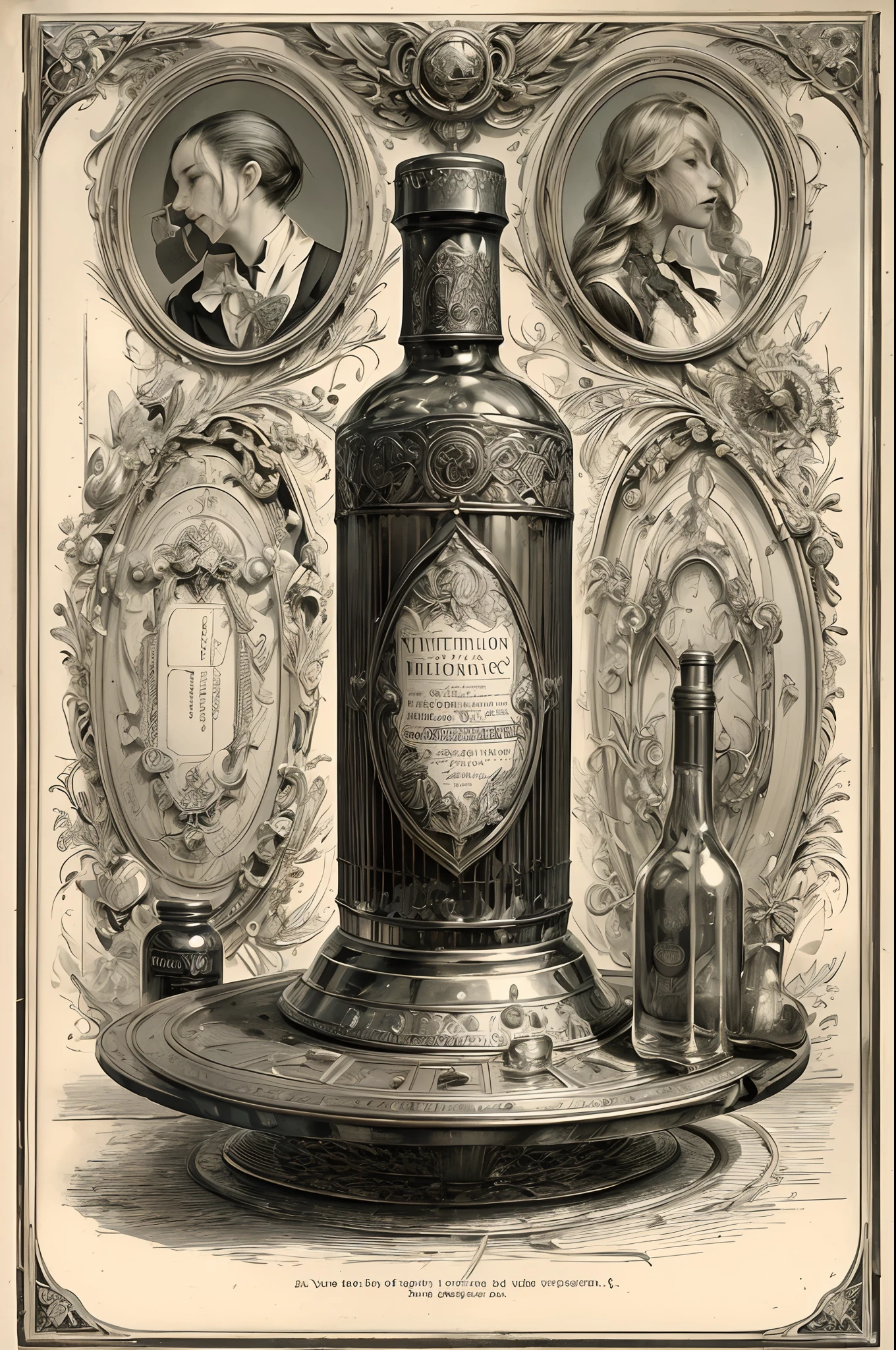((without people)) ((nobody)) Vintage Victorian style, Precise vintage encyclopedia (best quality:1.2), (detailed:1.2), (masterpiece:1.2), vintage illustrations of alchemy recipe and ingridients and bottles
