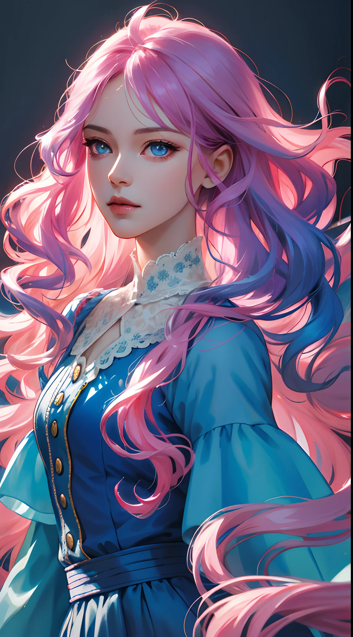 high high quality,tmasterpiece,Delicate facial features,Delicate hair,Delicate eyes,A girl with long pink and blue hair,Wavy curly hair,Wear blue fashion clothing,Pink pop dress,retro shirt,8K high quality detailed art(Delicate facial portrayal)(Fine hair depiction)(highest quality)(Master masterpieces)(High degree of completion)(a sense of atmosphere)8k wallpaper,tmasterpiece,Best quality at best,ultra - detailed(half-body portrait)