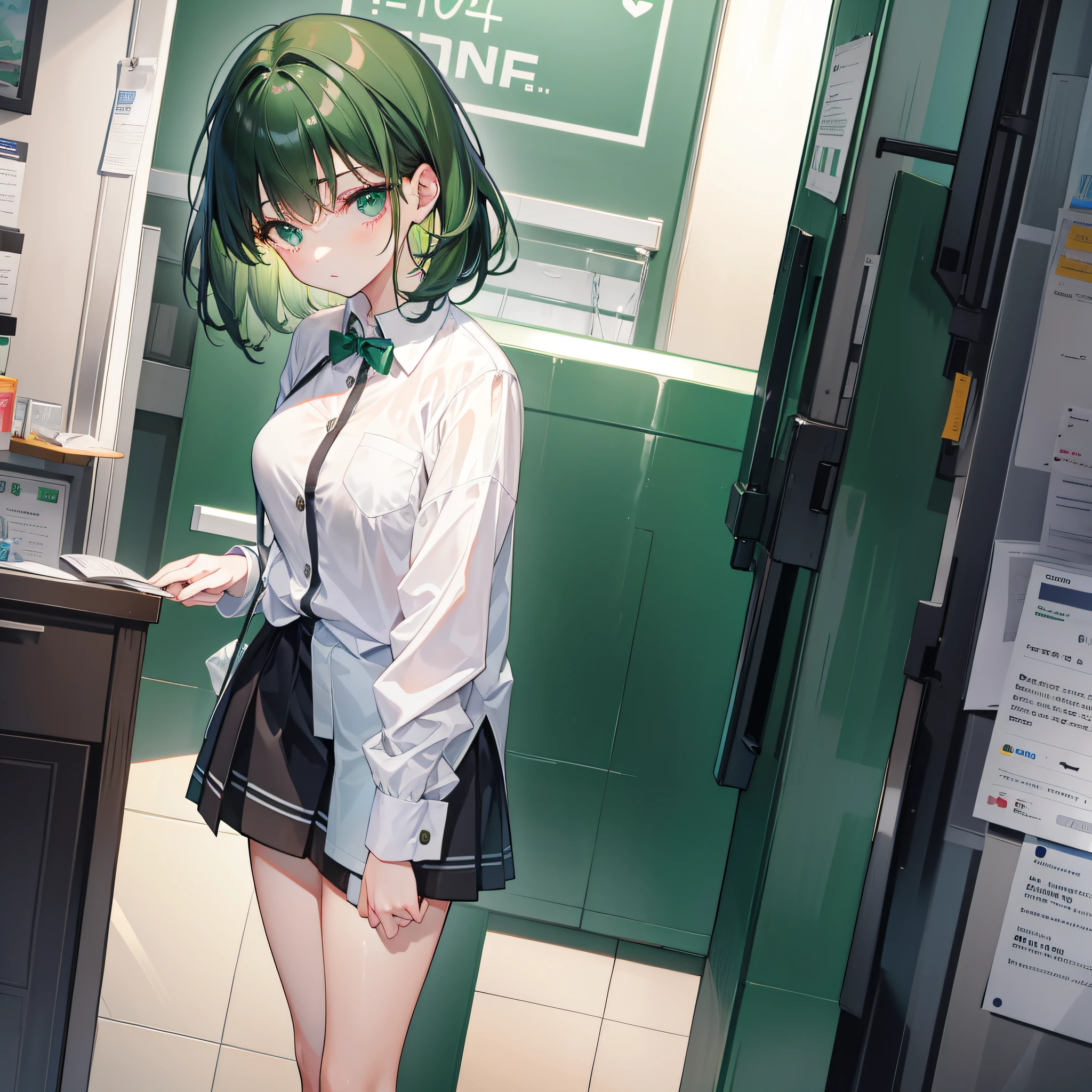 short dark green hair and flush bangs,,Uniform Soft Girl