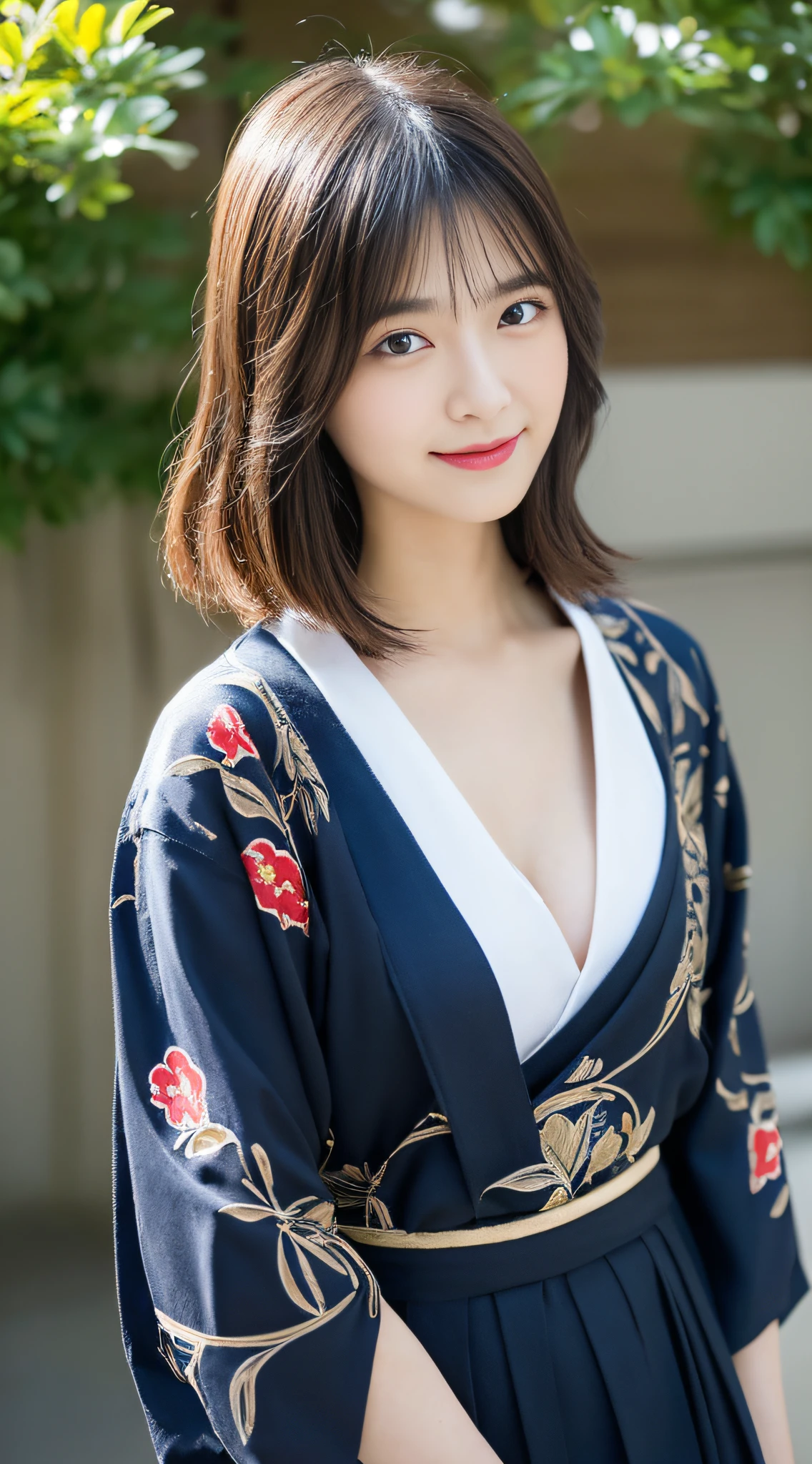 (((32ｋ,high detal,high-detail、​masterpiece,Attention to detail,full body Esbian,独奏))),Raw photo & realistic atmosphere,beautiful dark blue eyes,Detailed mouth,Glossy lips,Detailed eyebrows,Eyes drawn in detail with soft white skin that shines in every detail、Very beautiful eyes with azure eyes,Detailed lips、Very beautiful face,Very well-formed face、Lifelike face,shiny beautiful lips,Beautiful eyebrows,Infinite reality, Realistic Young Gravure Idol,Very cute high school girl, , Young Sensual Gravure Idol, Young Gravure Idol, extremely beautiful and cute１7-year-old pointed beautiful girl,with a flushed face,Incredibly beautiful and classy１7 year old beautiful girl,natural soft light,（Black shiny hair,,bare-legged,Samurai kimono and black hakama,Beautiful kind eyes：1.5）,（youthfulness,Severe wear and tear,Exposed thighs,Thighs protruding from hakama,Gentle smile,well-shaped breasts,,Immature body,Japan samurai kimono,Japanese style berry shorthair,Hang your hair high and tie it into one,Beautiful posture,posterior view,facing back,no-makeup,woman samurai,woman swordsman,Influence of Shinsengumi,Looking into the distance,Japanese pattern haori,Japanese style hair ornament,cleavage of the breast,Wearing bowl rolls,No bra,Beautiful chest bulge with blue hakama chest：1.6）