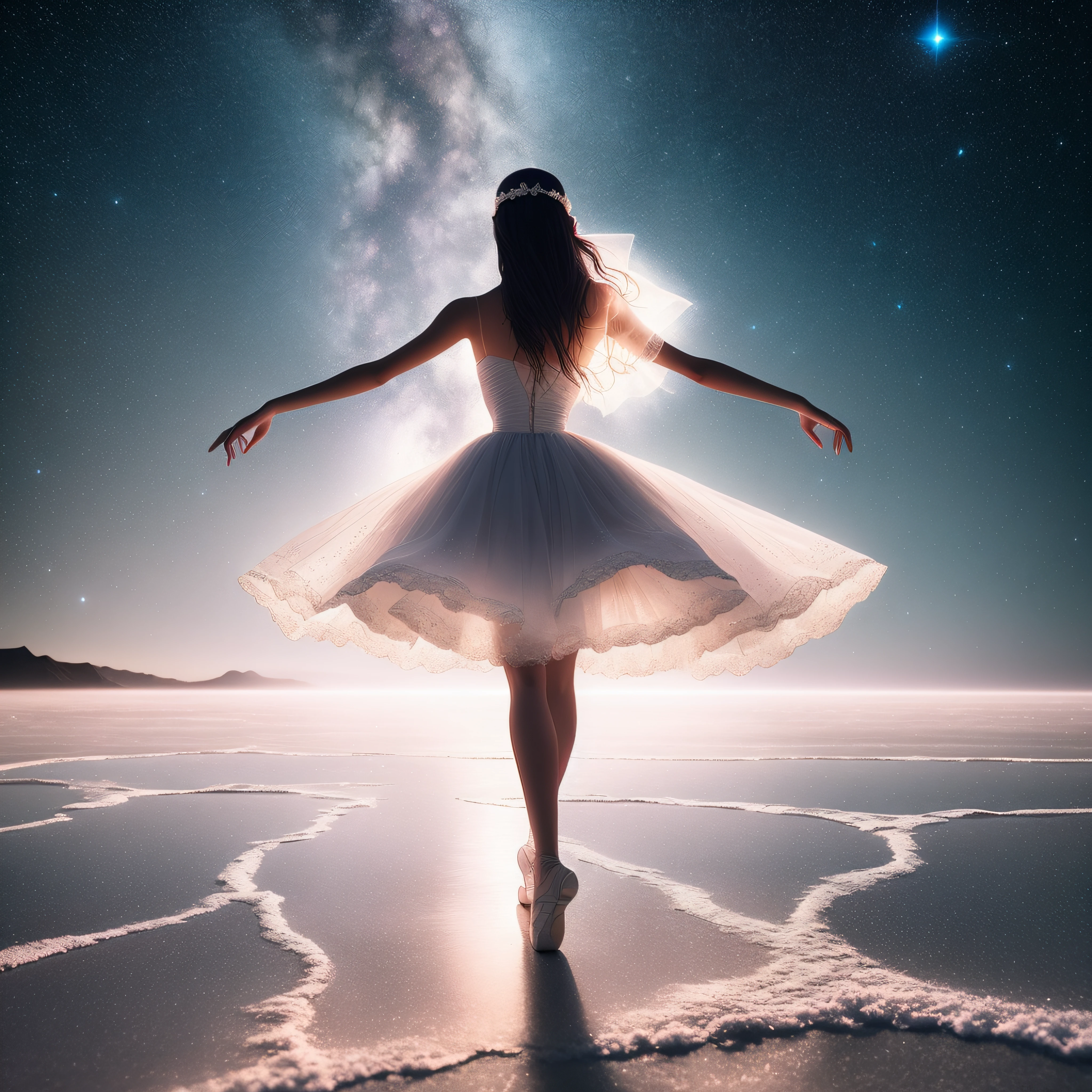 Alafed woman in white dress standing on beach under stars, Dancing gracefully, ballerina, whirling, Ballet dancer, ethereal beauty, marc adamus, by Alexander Kucharsky, astral ethereal, The Aesthetics of Dark Dance Photography, magical fairy floating in space, inspired by Cyril Rolando, Ethereal, by Cyril Rolando, Ethereal essence