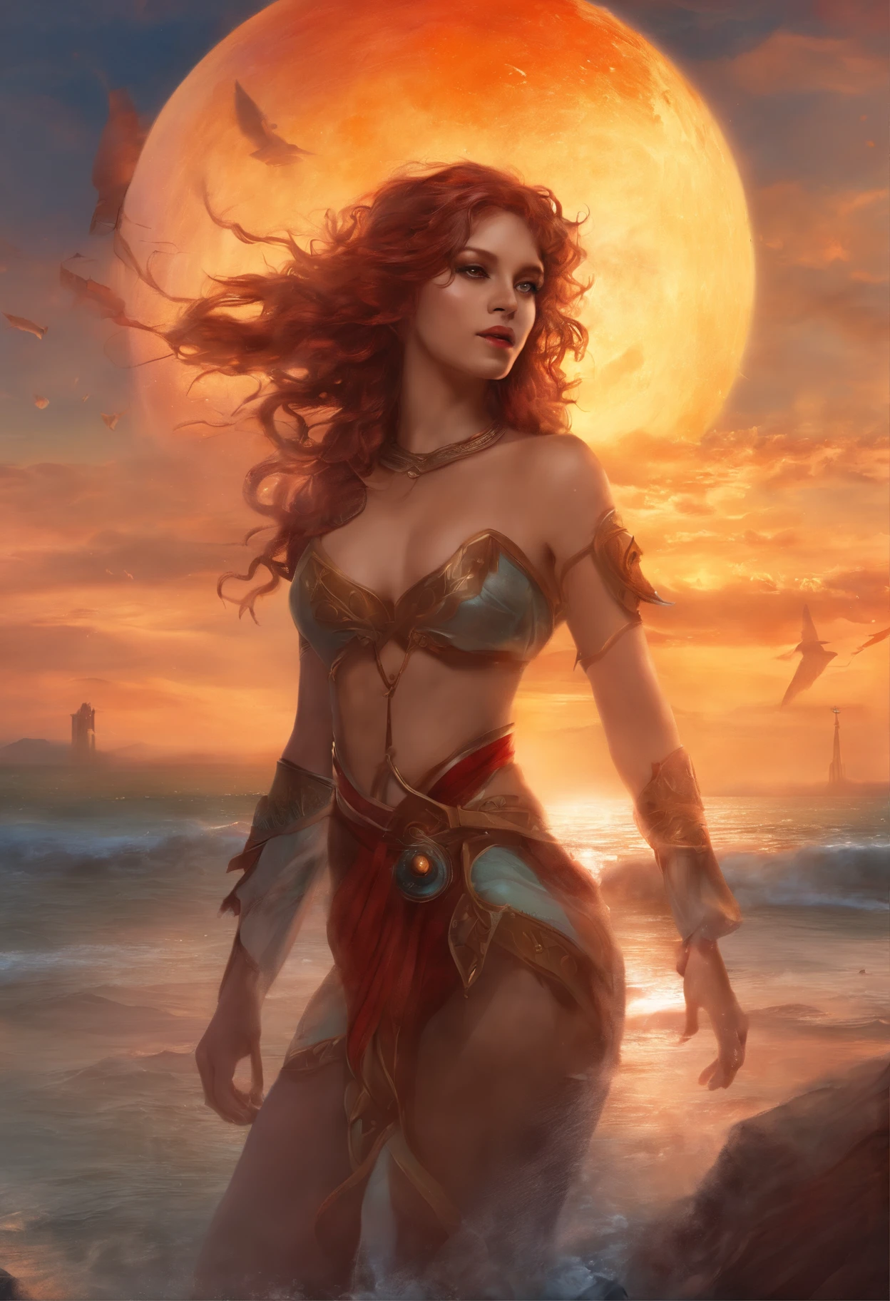 Best quality, masterpiece, very high resolution, (photorealistic: 1.5), raw photo, 1 girl, full silhouette, stamp style, blimp in the background, bare shoulders, exposed breasts, in the dark, on the beach, sunset, deep shadow , dark tone, cold light, sexy look, steampunk long curly red hair