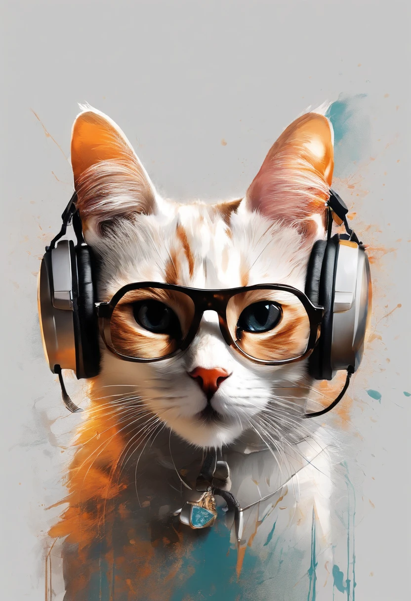 Perfect centering, Cute cat, Wear a student team jacket, Wearing sunglasses, Wearing headphones, cheerfulness, Standing position, Abstract beauty, Centered, Looking at the camera, Facing the camera, nearing perfection, Dynamic, Highly detailed, smooth, Sharp focus, 8K, high definition resolution, illustration, Art by Carne Griffiths and Wadim Kashin, White background
