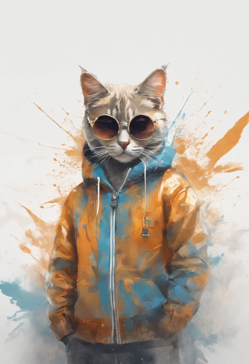 Perfect centering, Cute cat, Wear a student team jacket, Wearing sunglasses, Wearing headphones, cheerfulness, Standing position, Abstract beauty, Centered, Looking at the camera, Facing the camera, nearing perfection, Dynamic, Highly detailed, smooth, Sharp focus, 8K, high definition resolution, illustration, Art by Carne Griffiths and Wadim Kashin, White background