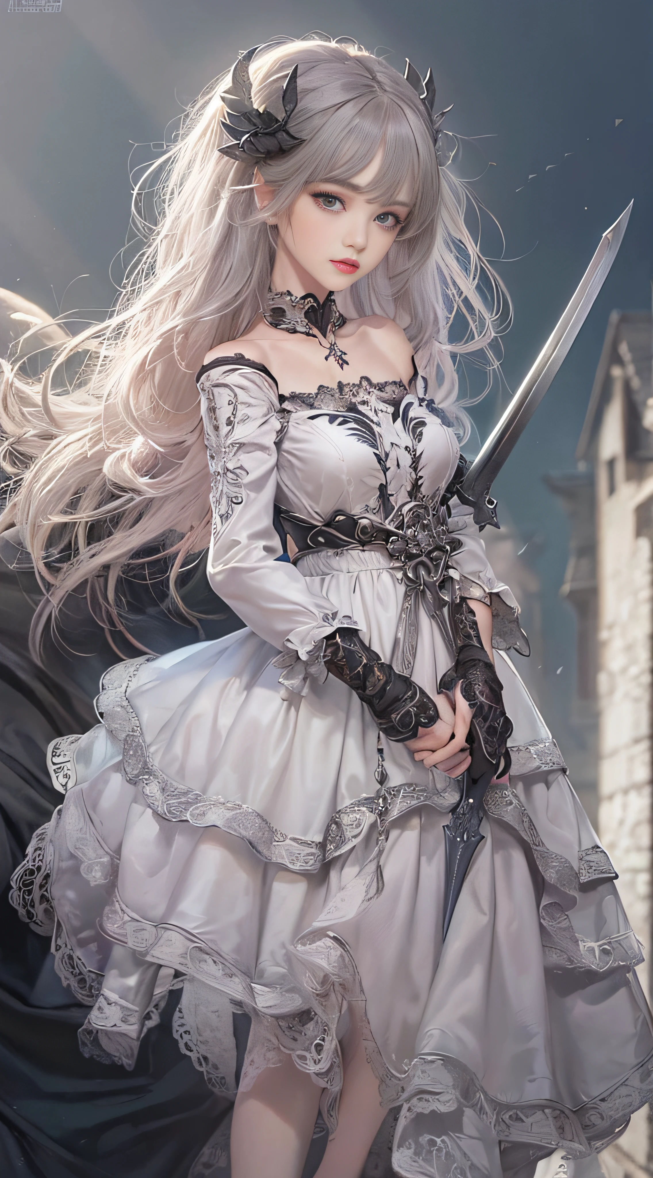 (((Masterpiece))), (((top quality))), (((super detailed))), Fighting a dragon on a castle, holding a very large gothic designed sword, very dark and spooky castle, dark light of the moon, One woman in Gothic Lolita fashion, 14 years old,   anatomy (beautiful grey eyes, very large slit eyes, delicate, lonely, beautiful eyes, very long eyelashes, thin nose, small mouth, thin lips, thin body, slightly long neck, slightly thin shoulders, long thin arms, long thin legs), accurate pose (facing forward Accurate make-up (unhealthy complexion, natural make-up, light brown eyeshadow, very light pink blush, natural and natural very light pink lipstick), accurate skin (translucent white, perfectly smooth skin texture), accurate hair (bright clean silver hair, curls vertically, long, windswept hair), accurate outfit (black dress with ruffles and lace with Shoulders are visible), accurate lighting (Very dark light, oblique lighting) photographic equipment (SLR, single focus lens), settings (f/1.8, S400, ISO 100), accurate full-body, highly photorealistic,
