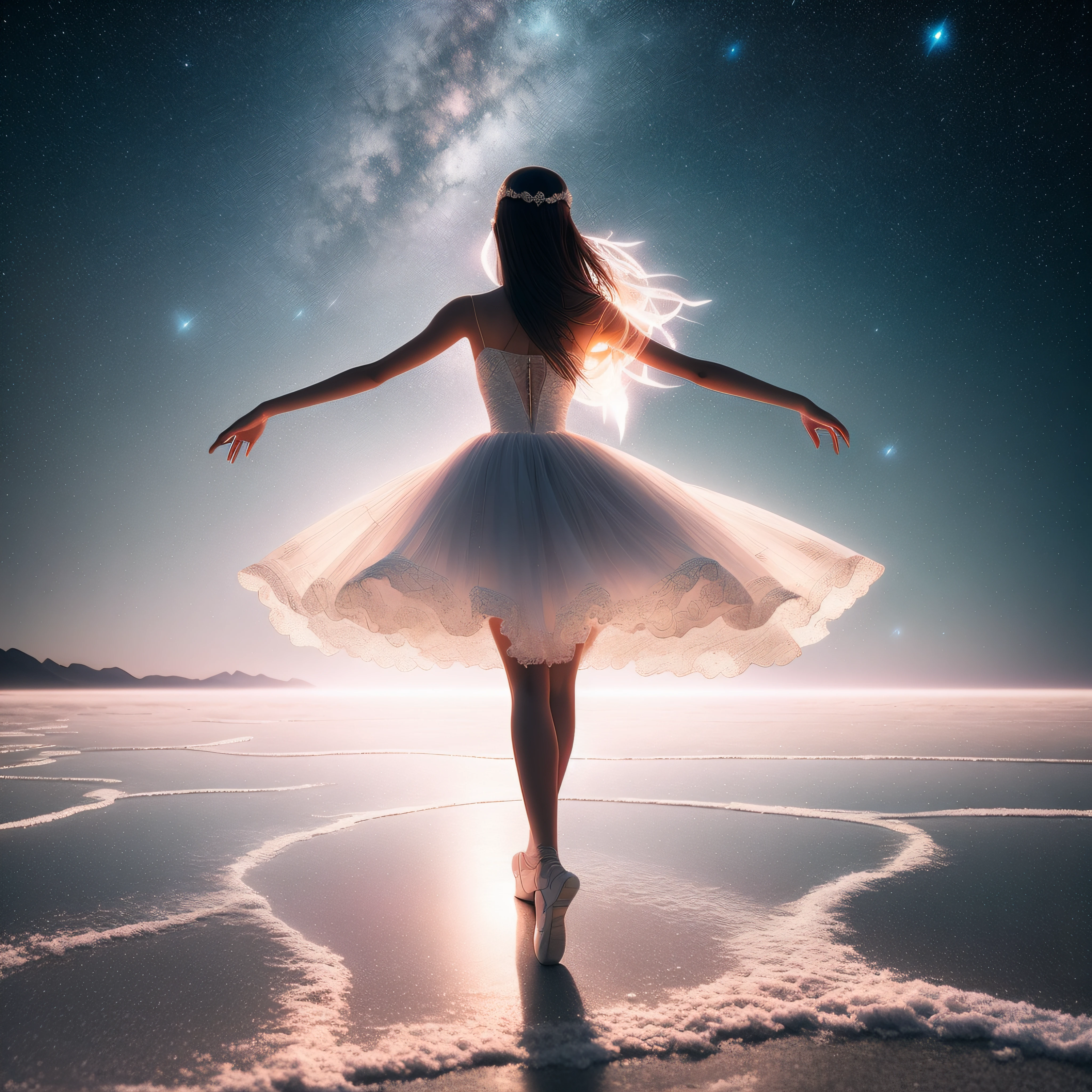 Alafed woman in white dress standing on beach under stars, Dancing gracefully, ballerina, whirling, Ballet dancer, ethereal beauty, marc adamus, by Alexander Kucharsky, astral ethereal, The Aesthetics of Dark Dance Photography, magical fairy floating in space, inspired by Cyril Rolando, Ethereal, by Cyril Rolando, Ethereal essence