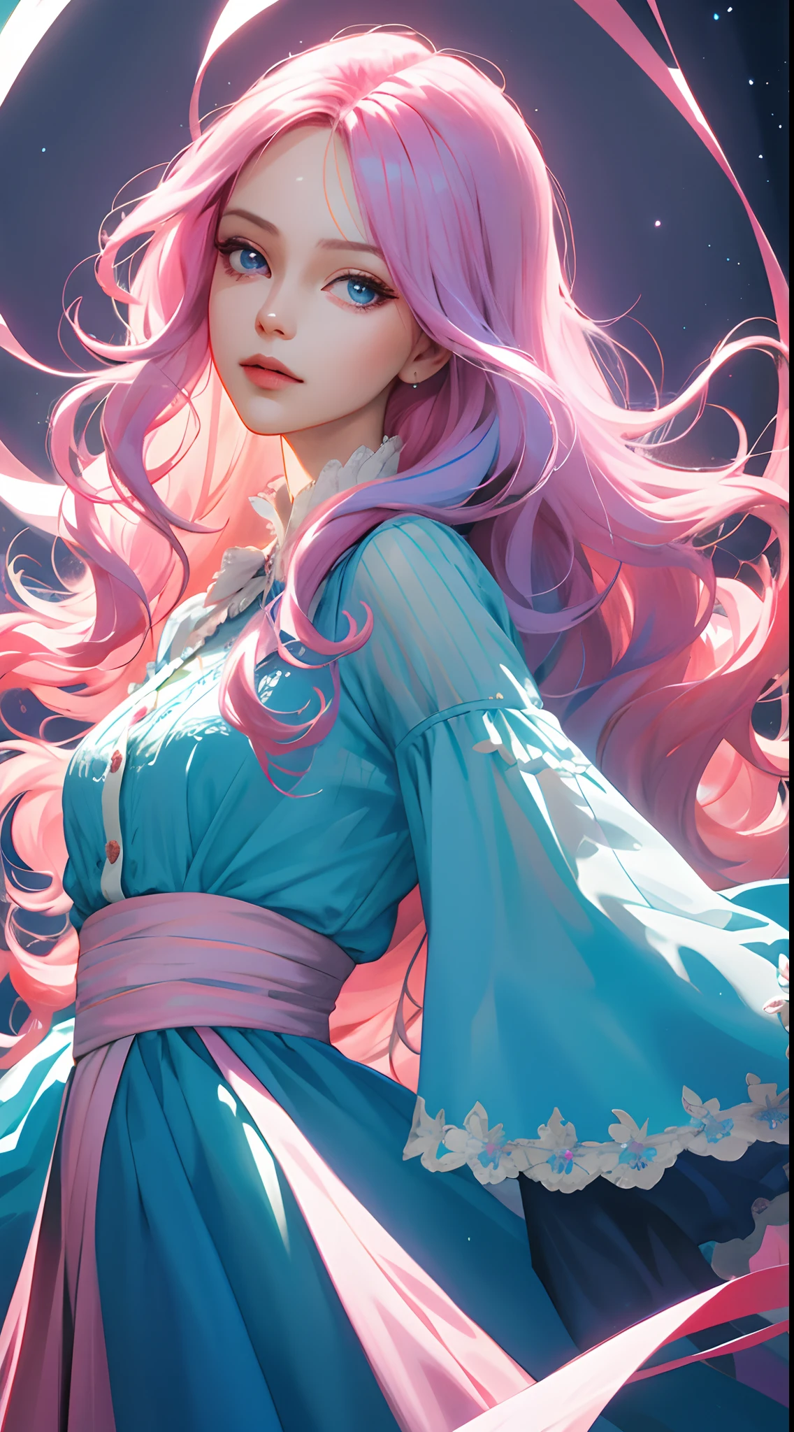 high high quality，tmasterpiece，Delicate facial features，Delicate hair，Delicate eyes，A girl with long pink and blue hair，Wavy curly hair，Wear blue fashion clothing，Pink pop dress，retro shirt，8K high quality detailed art（Delicate facial portrayal）（Fine hair depiction）（highest  quality）（Master masterpieces）（High degree of completion）（a sense of atmosphere）8k wallpaper，tmasterpiece，Best quality at best，ultra - detailed（half-body portrait）