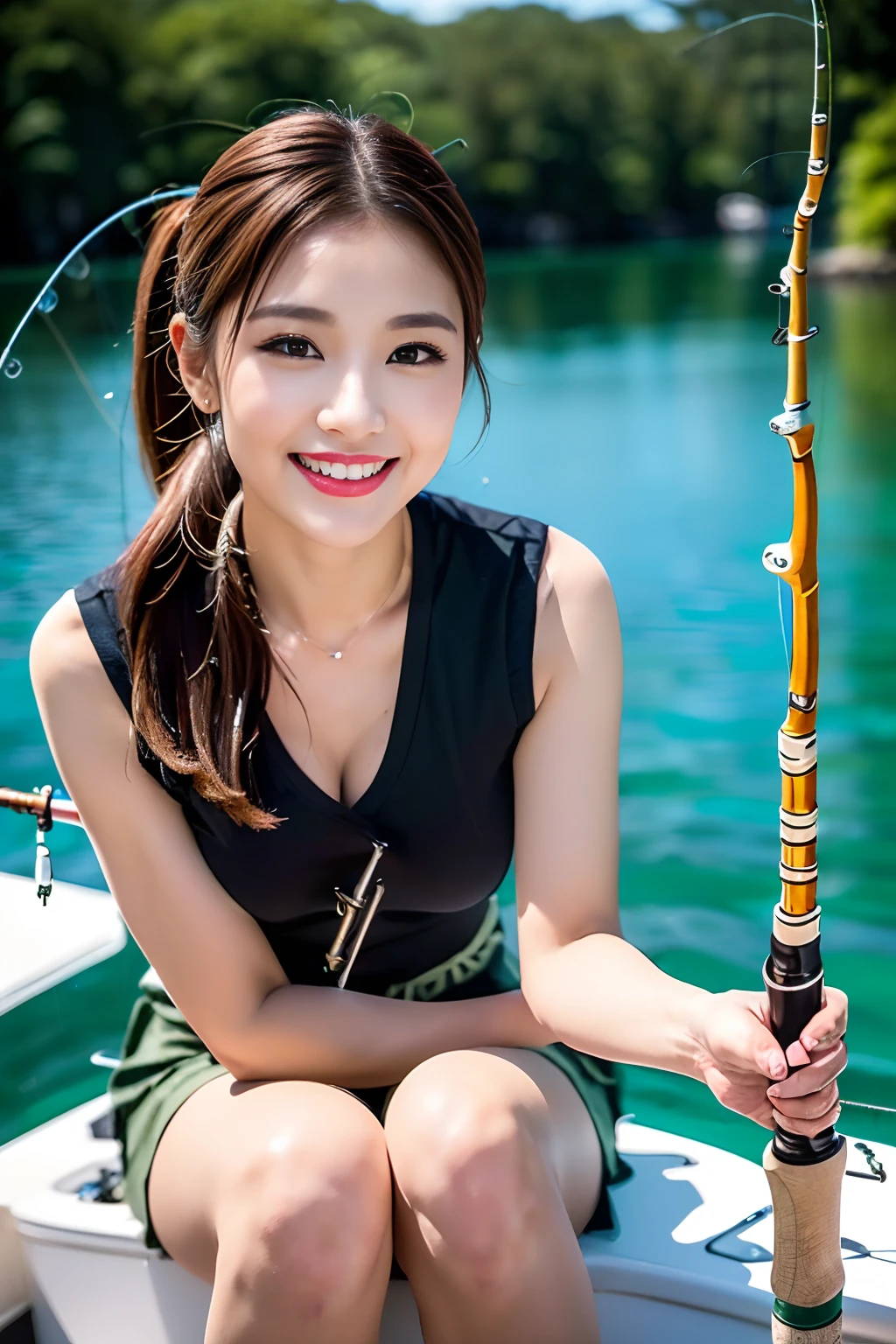 (((Fishing rod details:1.3))),Mature adult female,(Woman sitting on boat and enjoying fishing on pristine lake,Staring at the surface of the water, The sun shines on her,The water reflects the beauty of the surrounding nature,),(Woman in cute clothes suitable for fishing on the lake in summer,),(shiny red-brown hair,Short ponytail),(large full breasts,,Pointed lips,red lipsticks,Cute round face,A joyful smile that makes the viewer happy,red blush,),(The 8k quality,masutepiece,top-quality,Ultra-high resolution output image,),intricate detailes,(Highly detailed raw photos:1.3),(Image Mode Ultra HD),(Sea Art 2.0 Mode),