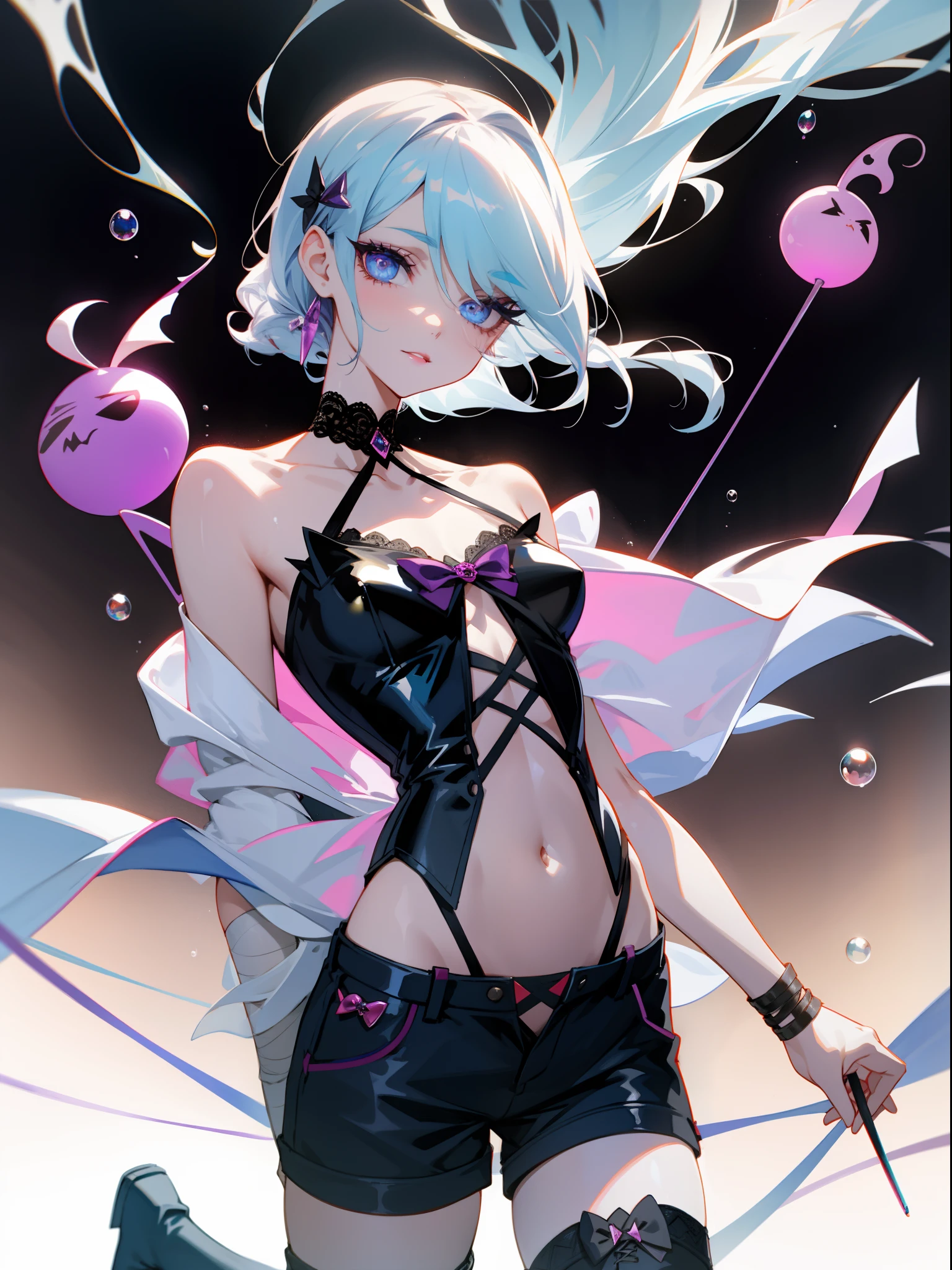 Transparent watercolor、femele、Diabolical、Sickly cool、dark、horor、long eyelashes、lower eyelashes、Diabolical、banya、Dark、dark、Got out the navel、Obscene lines、Gemstone Eye、halterneck、Wore laced boots、shortpants、Dark Fantasy、glamorous、Big eyes、frilld、bow ribbon、Ren Hao、air bubble、bandaged、Beautiful arrangement of motifs