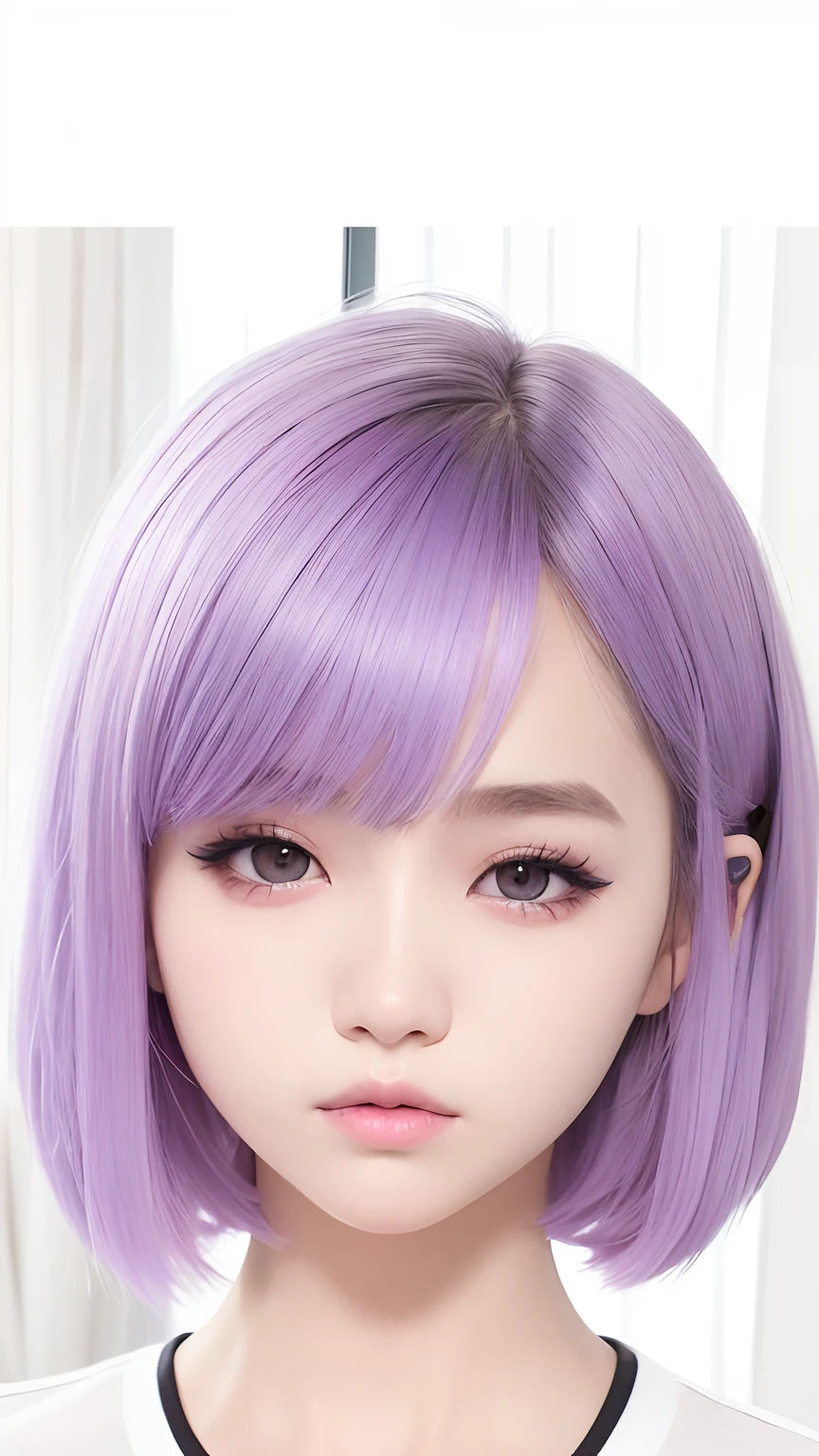 1girl, short hair, black eyes, white shirt, purple hair, realistic, ultra detail, 70mn lens