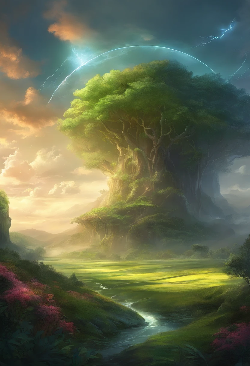 A large place with lots of grass and plants, with a cloudy and dark atmosphere, accompanied by lightning strikes