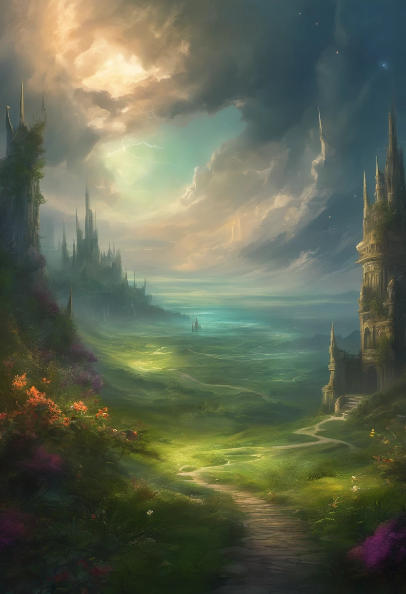A large place with lots of grass and plants, with a cloudy and dark atmosphere, accompanied by lightning strikes