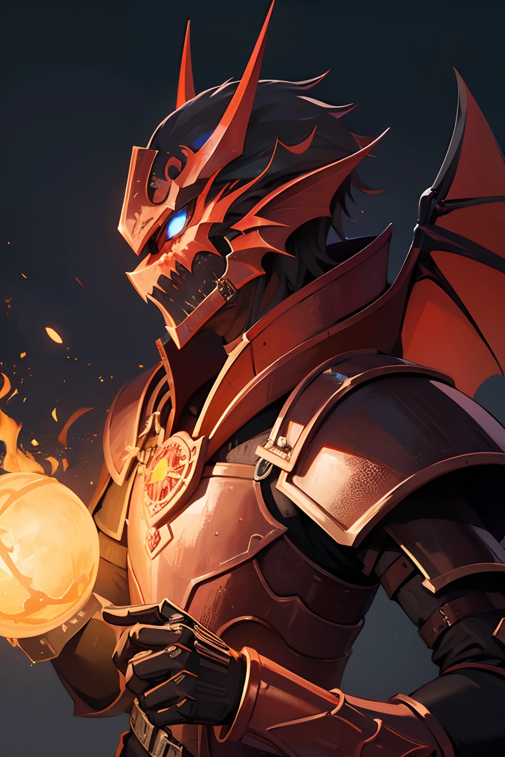 Mann, Gesicht, Rote Haare, Armor of the Copper Dragon, Helm des Kupfer Drachen, Rote Augen, High quality, super detailliert, Super Holy Armor, Vorderseite, Helles Bild, mehr Vorderseite, 4 Drachenflügel, mehr vorne, black armor, Roter-Kupfer Verzierung, Cyberpunk, Neon, metallisch