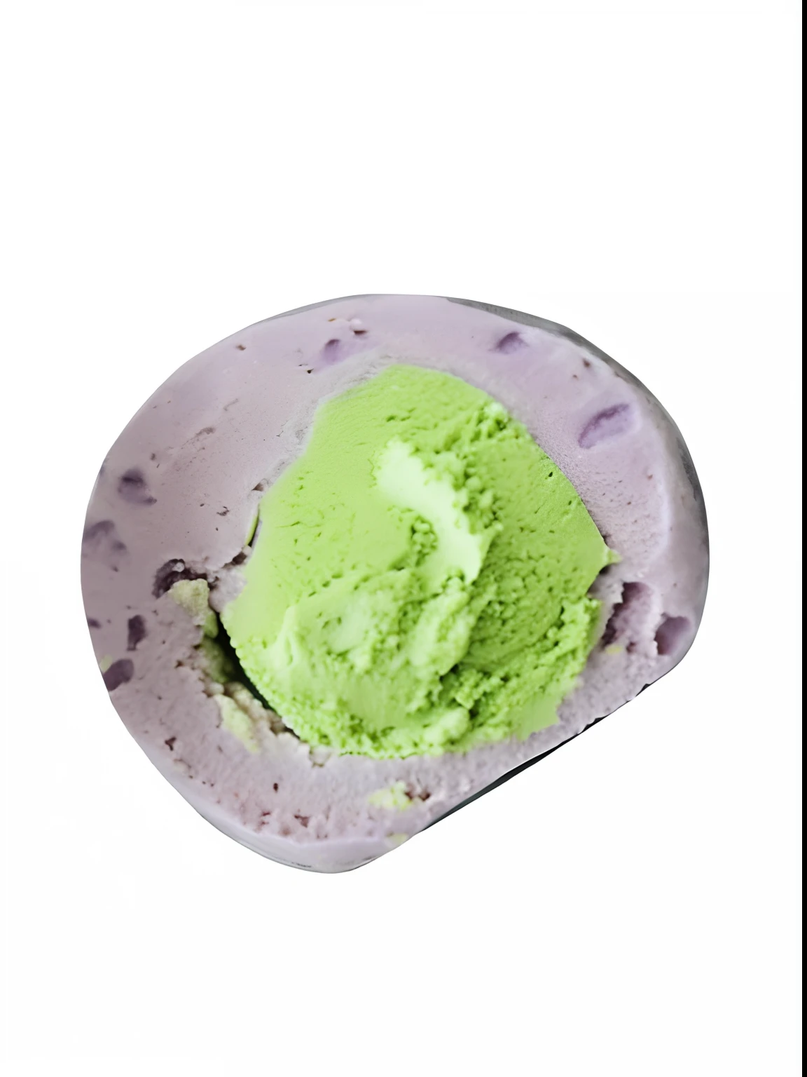 Close-up of purple taro mud balls, Take a bite,A cross-section reveals matcha invasion, Lush big breasts, oozing, Ice cream texture, creamy, Green head, blobs, Soft surface, violet colors