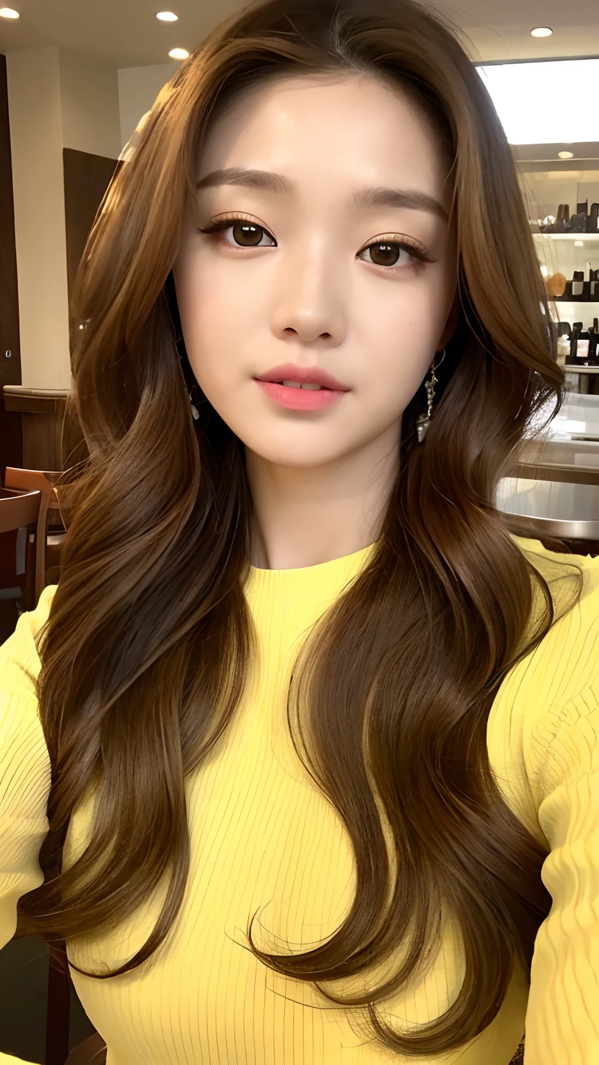 (realisitic、hight resolution:1.3)、女の子1人、Mediocre face and eyes、long curly hair、Yellow skin、Elegant dress:White 1.2、long-sleeve、Daytime Restaurant、top grade