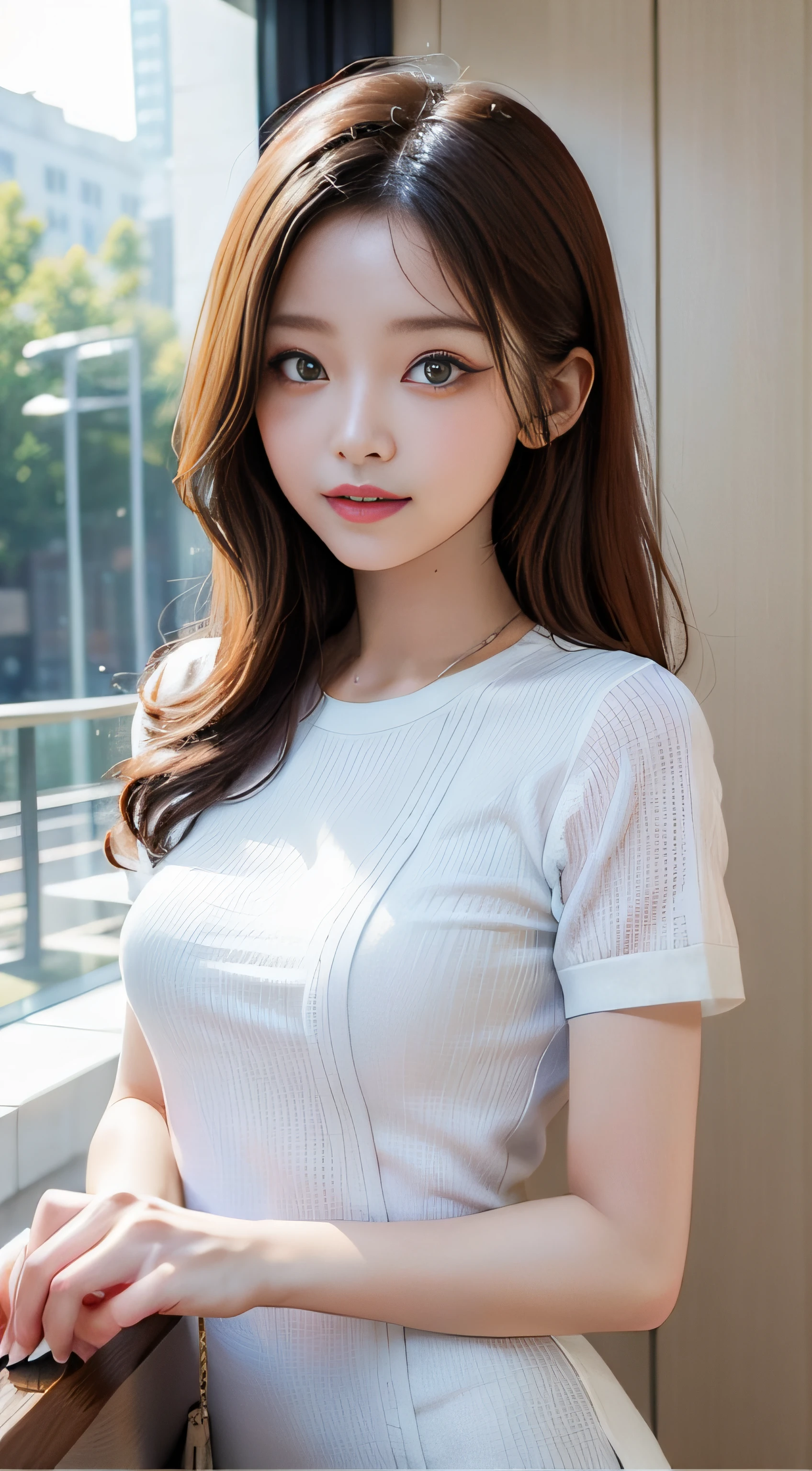 ​masterpiece、Top image quality:1.2、((beautiful young woman with))、Transparent skin:1.2、{A slight smil}、(kawaii)、Short sleeve knit、luxury hotel、depth of fields