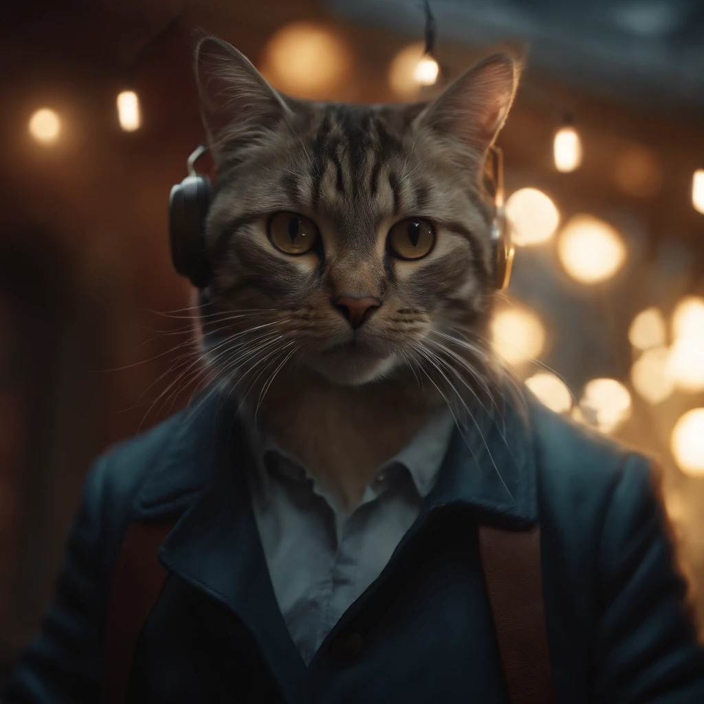 ((Best quality, 8K, Masterpiece: 1.4)),((Amazing detail: 1.3)),((illustration, Hairstyle Casual: 1.2)),((high resolution: 1.1)), A cute cat standing, headset on head, Tactical coat, Fashionab, Soft light, Colorful, Depth of field, Cinematic lighting, From below, Anatomically correct, Amazing art of painting, No Man
