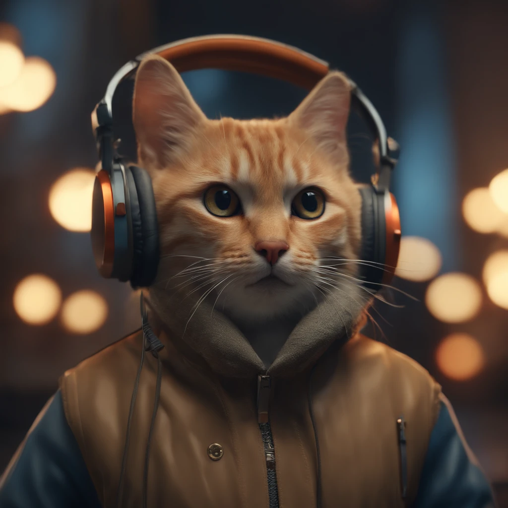 ((Best quality, 8K, Masterpiece: 1.4)),((Amazing detail: 1.3)),((illustration, Hairstyle Casual: 1.2)),((high resolution: 1.1)), A cute cat standing, headset on head, Tactical coat, Fashionab, Soft light, Colorful, Depth of field, Cinematic lighting, From below, Anatomically correct, Amazing art of painting, No Man