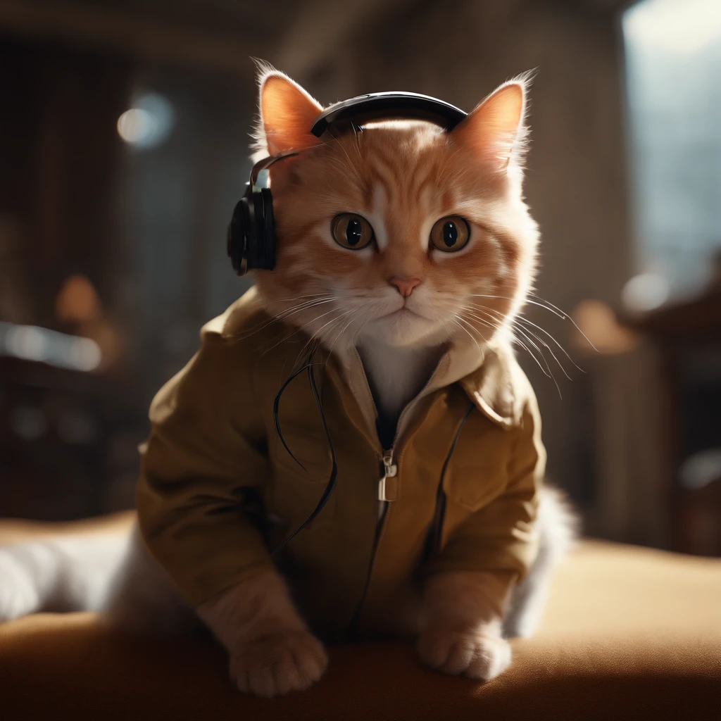 ((Best quality, 8K, Masterpiece: 1.4)),((Amazing detail: 1.3)),((illustration, Hairstyle Casual: 1.2)),((high resolution: 1.1)), A cute cat standing, headset on head, Tactical coat, Fashionab, Soft light, Colorful, Depth of field, Cinematic lighting, From below, Anatomically correct, Amazing art of painting, No Man