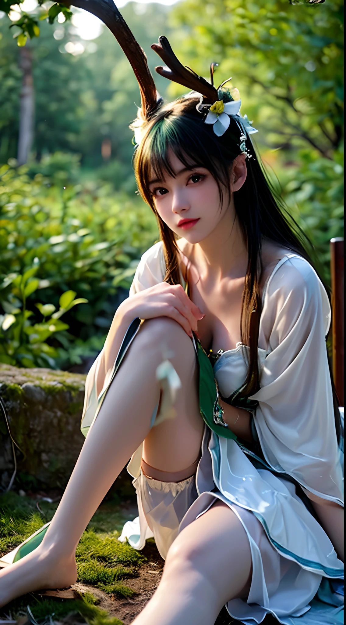 (Best quality,4K,8K,A high resolution,Masterpiece:1.2),Ultra-detailed,(Realistic,Photorealistic,photo-realistic:1.37),Bokeh,Green-haired beauty,Vertical yellow pupils,deer antlers,maid costume,Soft lighting,Bending over,Playful and elegant,Sharp focus,Super detailed,Ethereal,Landscape painting,Vibrant colors,Soft lighting
