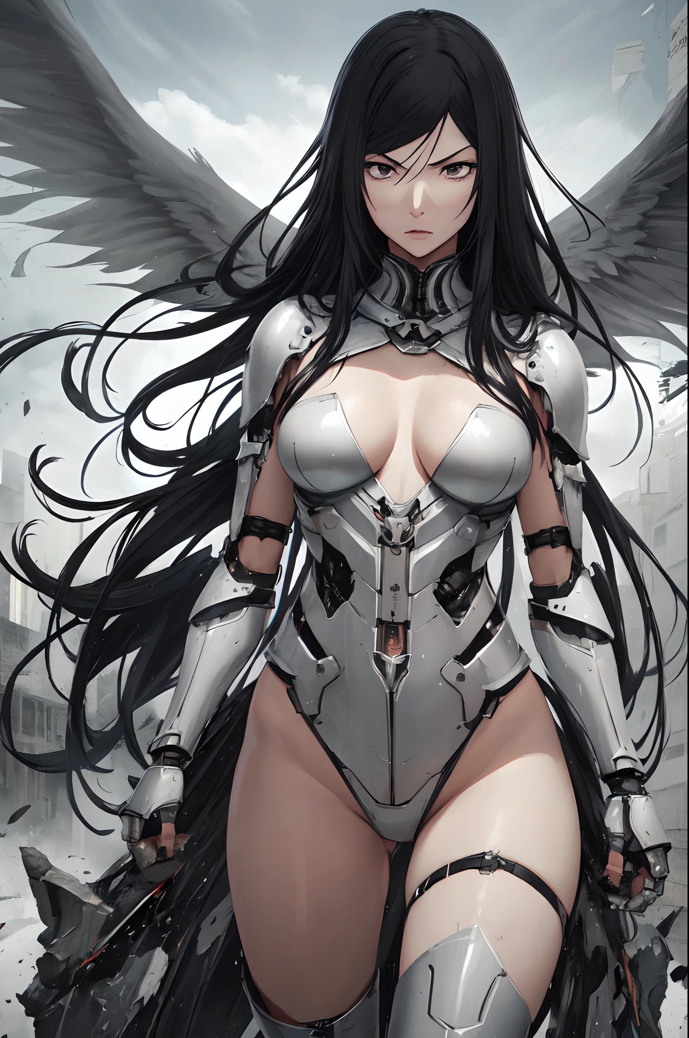 generate a High quality image of kurihara Mari from prison school, black long hair, grey eyes, angry facial expression, (wearing mechanical white Armour), two wings, wrunning in the destroyed City, cinematic fog.