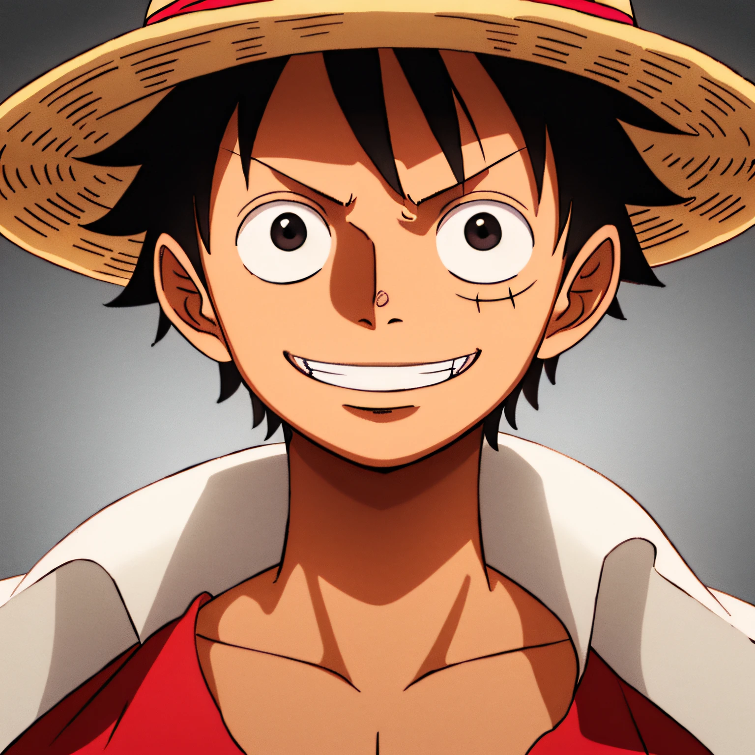 1boy, wanostyle, monkey d luffy, smiling, straw hat, looking at viewer, solo, upper body, ((masterpiece)), (best quality), (extremely detailed), depth of field, sketch, dark intense shadows, sharp focus, soft lighting, hdr, colorful, good composition, fire all around, spectacular, closed shirt, anime screencap, scar under eye, ready to fight, black eyes