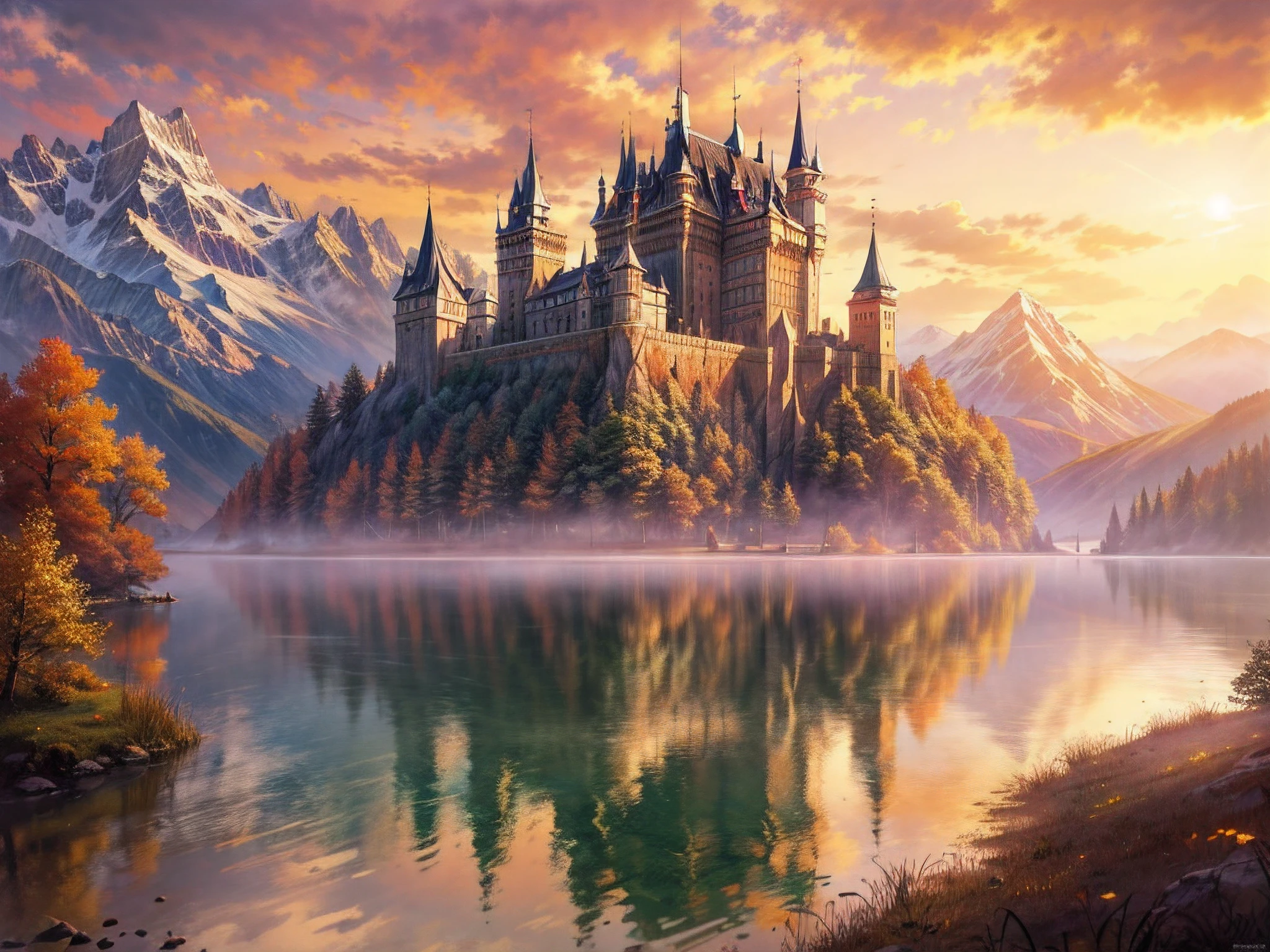 fantasy art, RPG art, photographic, National Geographic quality picture, award winning, (Best Detailed: 1.5), (best quality: 1.5) picture of an epic 1solocastle near the lake at dawn, its a Middle ages castle it is master crat artistry, state of the art military architecture, perfect for defending its king, majestic castle,  there are (4 towers: 1.2), (massive walls: 1.2), (barbicans: 1.2), (flags: 1.2), ( a bridge: 1.2), (banners flying high: 1.3)the entire castle is being reflected in the lake in  a perfect image (Best details, Best quality: 1.5), the lake is calm and placid, mist of dawn rising from the lake, its dawn, the sun is rising, there some light clouds in the sky, and sun rays, behind the castle there is a missive snowy mountain as background best quality, (extremely detailed), ultra wide shot, photorealism, depth of field, hyper realistic, 2.5 rendering,