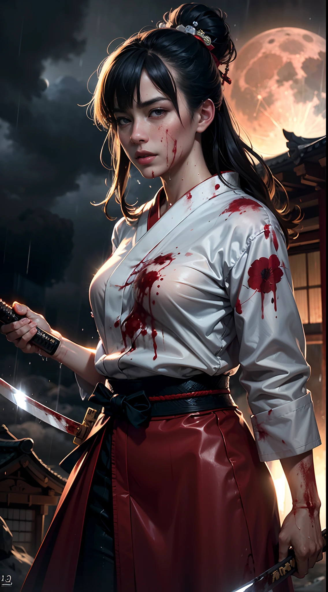 [object Object], (Detailed face features:1.3),1woman,delicate face,bright eyes,beautiful face,((japanese princess)),in the palace,japanese architecture,flames of war raging everywhere,((fighting stance:1.2)),((blunt bangs)),outdoor,((wet clothes)),wet skin,((stormy rain:1.3)),cloudy sky,Japanese Warring States Clothing,red color sky,((full-moon:1.2)),at night,fierce wind,dynamic shot,black hair,long hair,red and white clothing ,Phoenix patterned clothing,
(RAW photo, 16k, masterpiece, best quality: 1.2), (ultra realism, hyper detailed and intricate realism: 1.3), (wide depth of field, radiant mapping, ray tracing, god rays: 1.2), High dynamic range, vivid, rich details, clear shadows and highlights, realistic, intense, enhanced contrast,(((samurai sword in hand))),((blood on face:1.3)),((damaged clothing:1.3)),HDR,natural lighting,chignon,strong gaze