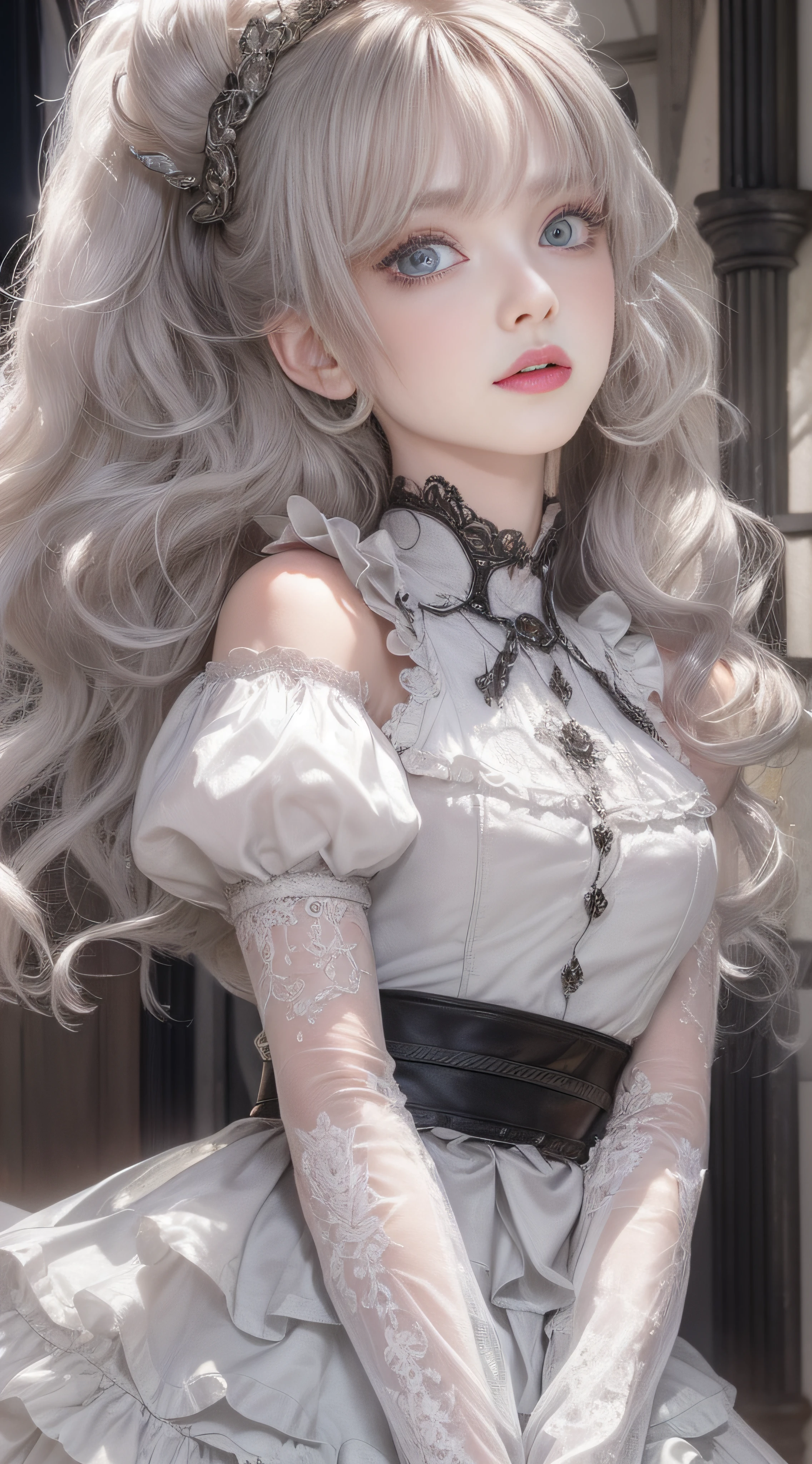 (((Masterpiece))), (((top quality))), (((super detailed))), Fighting a dragon on a castle, holding a very large gothic designed sword, very dark and spooky castle, dark light of the moon, One woman in Gothic Lolita fashion, 14 years old, anatomy (beautiful grey eyes, very large slit eyes, delicate, lonely, beautiful eyes, very long eyelashes, thin nose, small mouth, thin lips, thin body, slightly long neck, slightly thin shoulders, long thin arms, long thin legs), accurate pose (facing forward Accurate make-up (unhealthy complexion, natural make-up, light brown eyeshadow, very light pink blush, natural and natural very light pink lipstick), accurate skin (translucent white, perfectly smooth skin texture), accurate hair (bright clean silver hair, curls vertically, long, windswept hair), accurate outfit (black dress with ruffles and lace with Shoulders are visible), accurate lighting (Very dark light, oblique lighting) photographic equipment (SLR, single focus lens), settings (f/1.8, S400, ISO 100), accurate full-body, highly photorealistic,