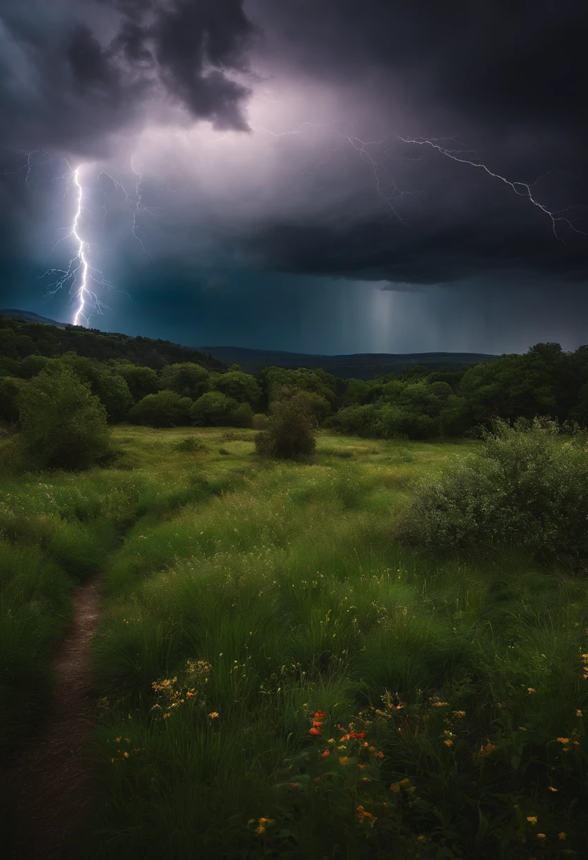 A large place with lots of grass and plants, with a cloudy and dark atmosphere, accompanied by lightning strikes