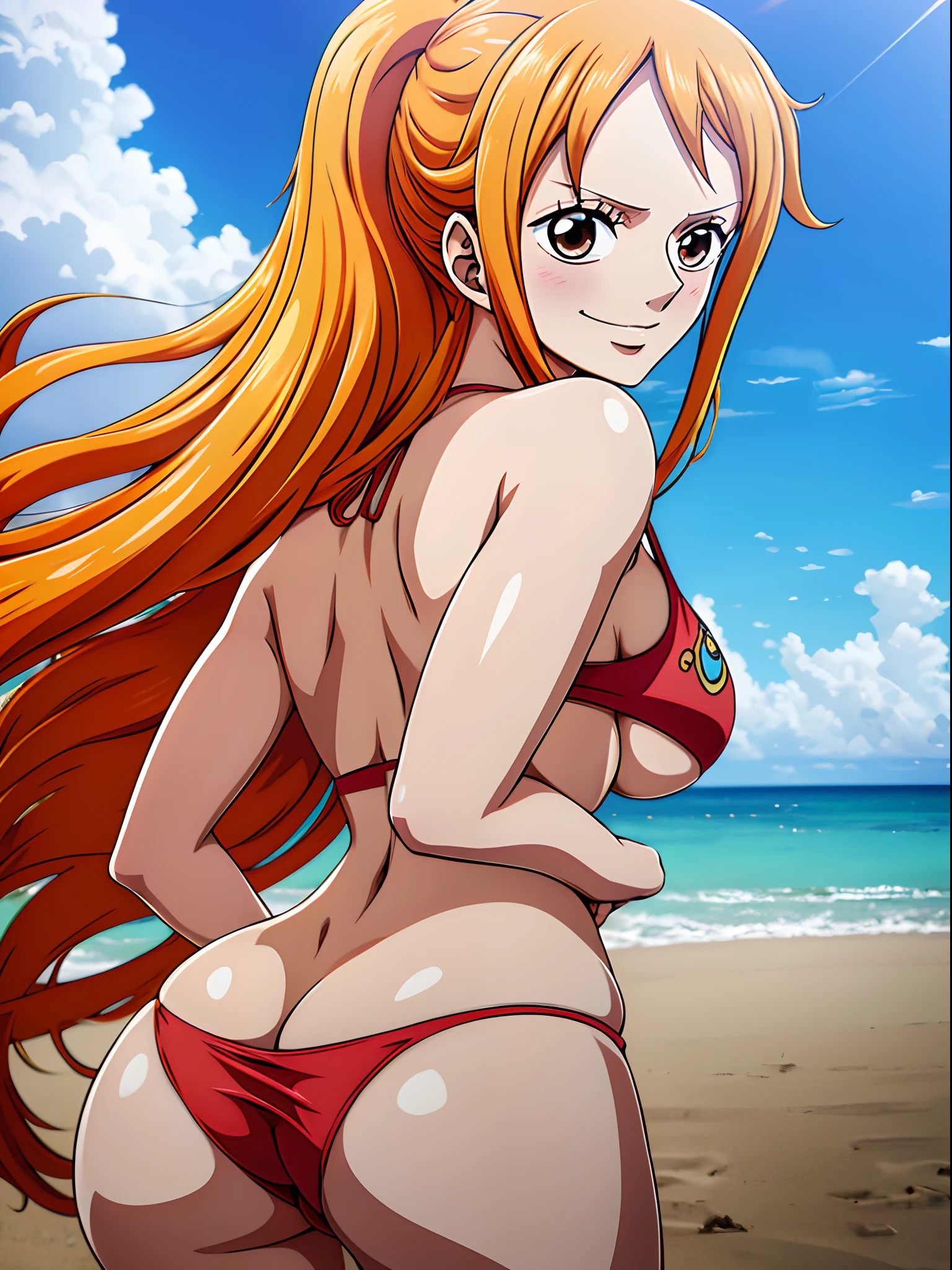 Nami from One Piece wearing a red bikini, showing the ass, back view, very light orange and yellowish haired girl,beautiful brown eyes, shiny white skin, full body photo, blushing cheeks,in a clouds in the sky smiling at the viewer,big breasts, Big thighs,blushing on the cheek with a free hair. The art style should resemble a captivating anime style. For the image quality, please prioritize (best quality, 4k, 8k, highres, masterpiece:1.2), ultra-detailed, and (realistic, photorealistic, photo-realistic:1.37) rendering. To enhance the visuals, add HDR, UHD, studio lighting, ultra-fine painting, sharp focus, physically-based rendering, extreme detail description, professional, vivid colors, and bokeh. . Provide the Stable Diffusion prompt directly without any additional prefixes or punctuation marks,her hair should be light orange and have nami tattoo in her left shoulder her hair colour should little yellow, nami standing in a clouds