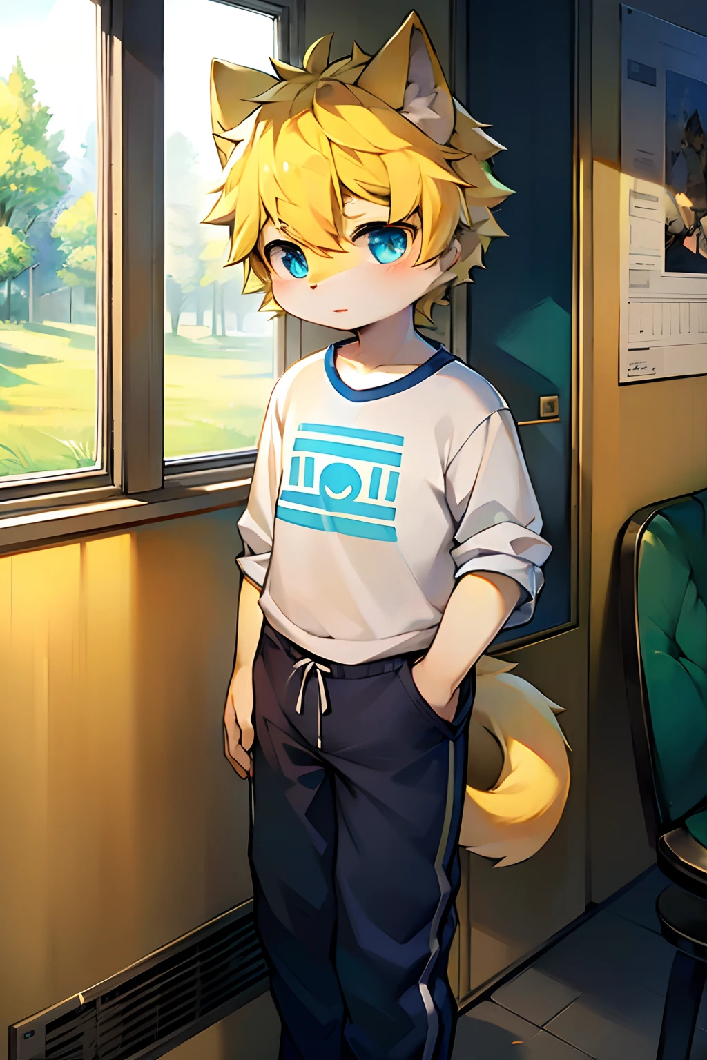 Blue pupils, Light yellow fluffy body, Fluffy cat tail, Boy cat,Point yellow hair,Wear casual clothing,shorter pants,Stand on the bus,The hand that holds the armrest,Exquisite wallpapers,Very cute,The popular style of the P station,One role solo,Light yellow furry legs,Shotai style,There are some cute pictures printed on the clothes