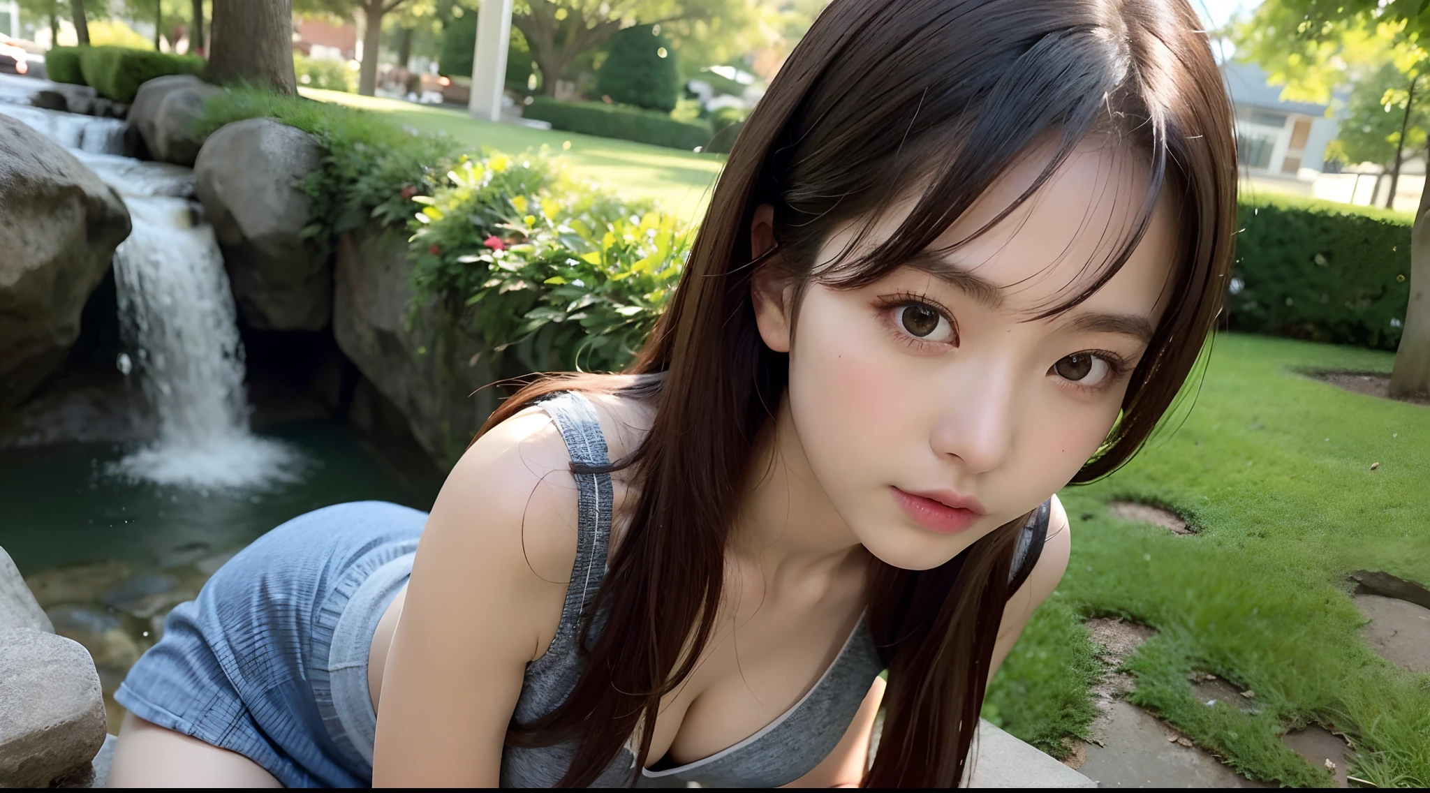 (High-resolution 8K raw photos are realistic,best qualtiy,),A schoolgirl,(komono),long whitr hair,Skinny and small,beautidful eyes,Super detailed face,Beautiful woman,tight-fitting,Big breasts Thin waist,Bigchest,Teenage uncensored,cute female child,Glowing skin,20yr old,(waterfallr。florals，grassy)，Sharpen,Chiffon,Front light，Solo，Perspectiva subjetiva,(中景 the scene is，A half body：1.3),Focus on the face,cleavage,Microlenses，Tattooed with，solo person，solo