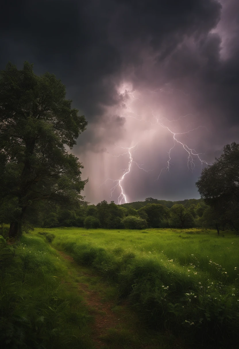 A large place with lots of grass and plants, with a cloudy and dark atmosphere, accompanied by lightning strikes