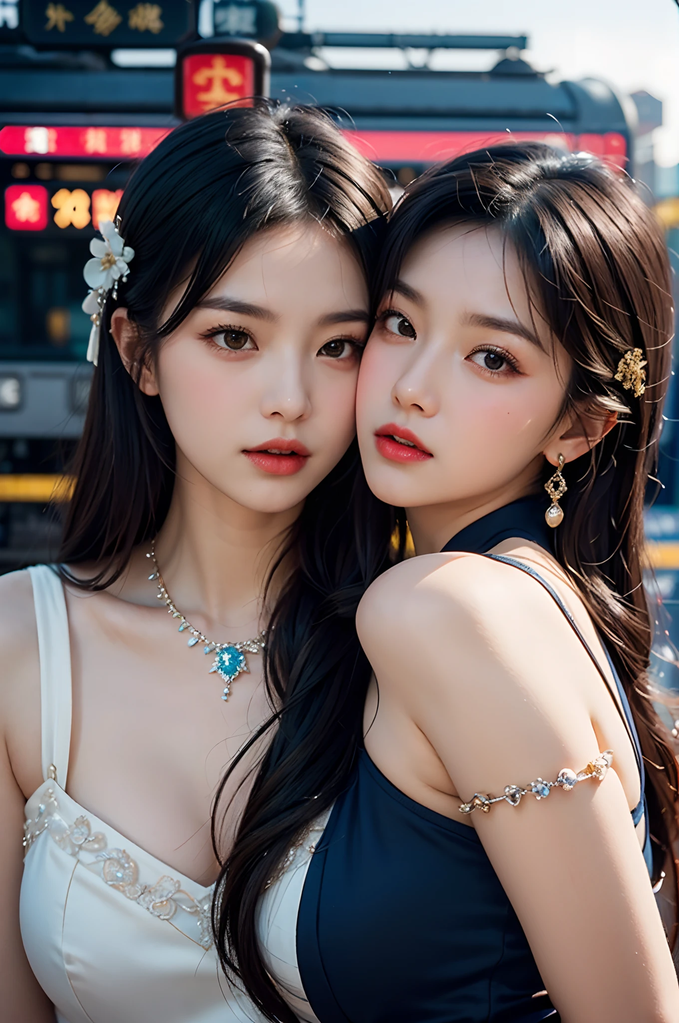 Two beautiful girls,leering:1.4, Lovers, Lesbians,(In the 1920s at the Shanghai Railway Station,Vintage train background:1.6),(Taoist hairstyle,Giant hair sticks:1.6,Oylan hair accessories,armlets, bangle:1.3),Dodge kisses,bauhause, bulgari, official valentino editorial,half-open lips, Suck your lips firmly, Drooling, elegant, Brilliant, Beautiful, Blush (0.2), Gorgeous, Beautiful, Gorgeous, gentle, Starry sky, Milky Way, Summer triangle, Tanabata and bamboo ornaments, Precise drawings, a detailed drawing,