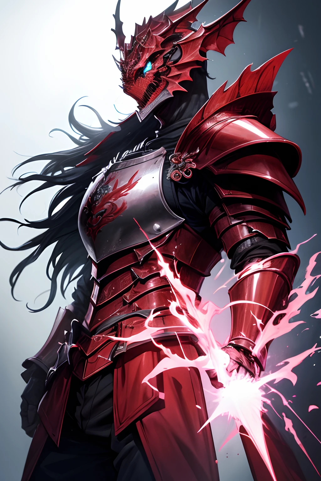 Mann, Gesicht, Rote Haare, Armor of the Copper Dragon, Helm des Kupfer Drachen, Rote Augen, High quality, ultra detailliert, Sacred Armor, Vorderseite, Helles Bild, mehr Vorderseite, 4 Drachenflügel, mehr vorne, black armor, Roter-Kupfer Verzierung, Cyberpunk, Neon, metallisch