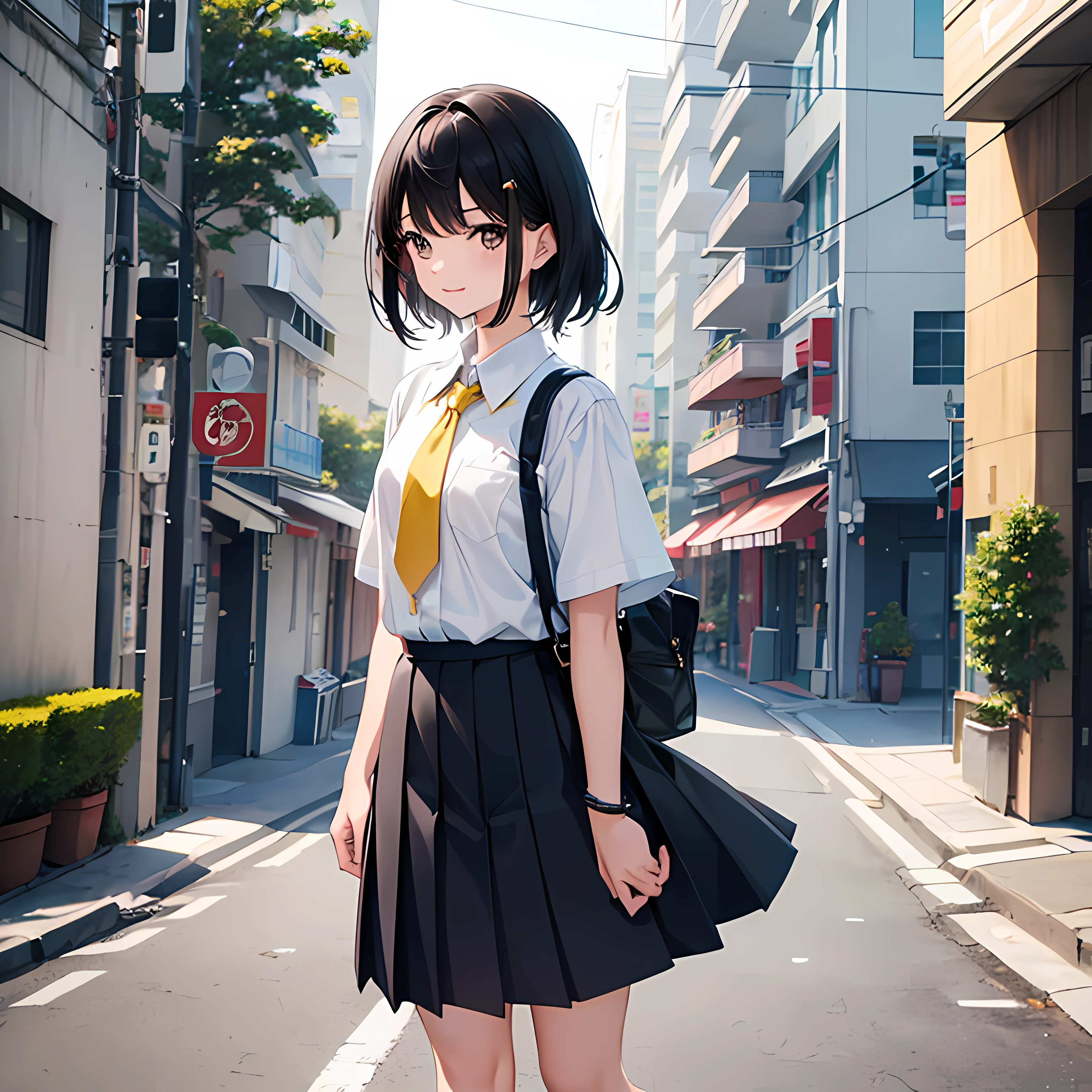 Super delicate and cute girl with black hair、a 、14years、8K Ultra High Defition, Delicate texture,　A slight smil、Medium Hair、The shirt、skirt by the、Short sleeve uniform with yellow tie、Walking down the road