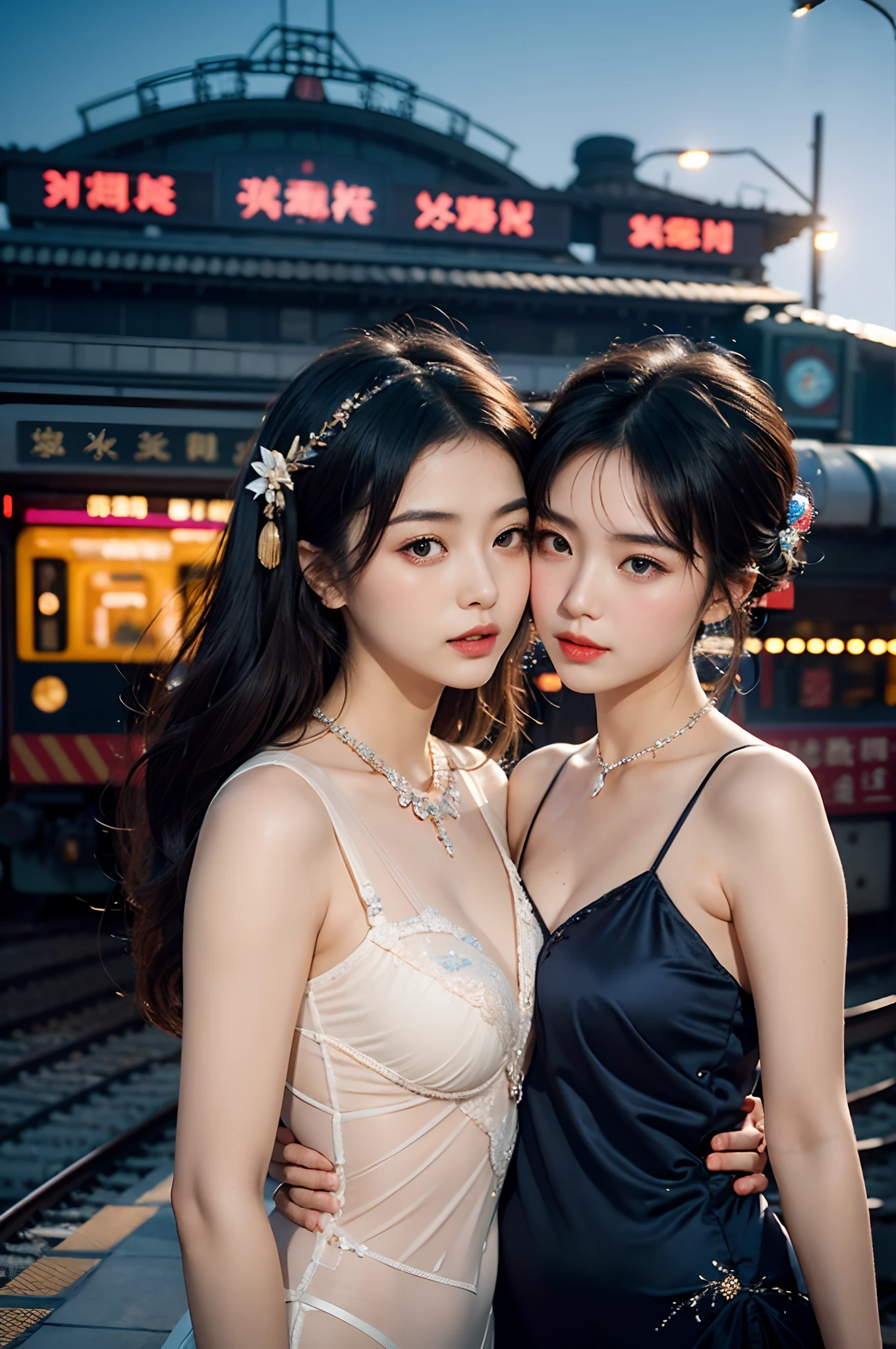 Two beautiful girls,leering:1.4, Lovers, Lesbians,(In the 1920s at the Shanghai Railway Station,Vintage train background:1.6),(Taoist hairstyle,Giant hair sticks:1.6,Oylan hair accessories,armlets, bangle:1.3),Dodge kisses,bauhause, bulgari, official valentino editorial,half-open lips, Suck your lips firmly, Drooling, elegant, Brilliant, Beautiful, Blush (0.2), Gorgeous, Beautiful, Gorgeous, gentle, Starry sky, Milky Way, Summer triangle, Tanabata and bamboo ornaments, Precise drawings, a detailed drawing,