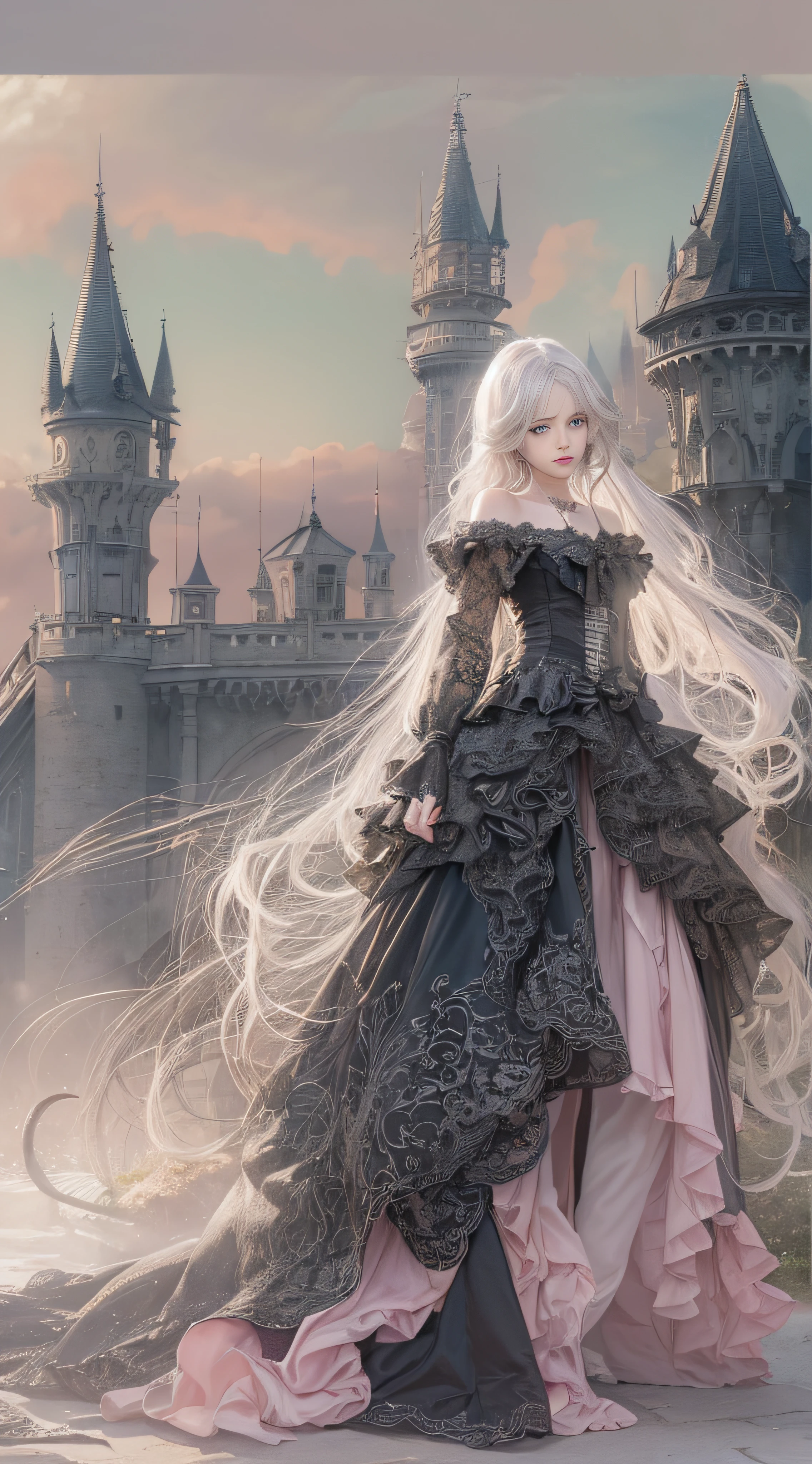 (((Masterpiece))), (((top quality))), (((super detailed))), Fighting a dragon on a castle, holding a very large gothic designed sword, very dark and spooky castle, dark light of the moon, One woman in Gothic Lolita fashion, 14 years old, anatomy (beautiful grey eyes, very large slit eyes, delicate, lonely, beautiful eyes, very long eyelashes, thin nose, small mouth, thin lips, thin body, slightly long neck, slightly thin shoulders, long thin arms, long thin legs), accurate pose (facing forward Accurate make-up (unhealthy complexion, natural make-up, light brown eyeshadow, very light pink blush, natural and natural very light pink lipstick), accurate skin (translucent white, perfectly smooth skin texture), accurate hair (bright clean silver hair, curls vertically, long, windswept hair), accurate outfit (black dress with ruffles and lace with Shoulders are visible), accurate lighting (Very dark light, oblique lighting) photographic equipment (SLR, single focus lens), settings (f/1.8, S400, ISO 100), accurate full-body, highly photorealistic,