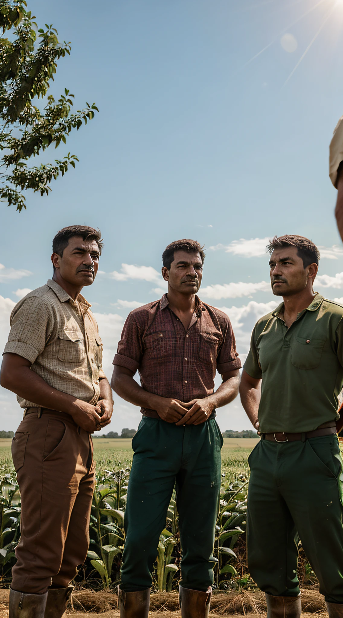 A group of male farmers, their faces etched with determination, stand tall in the midst of their fields, gazing out with intense eyes that seem to pierce through the horizon.