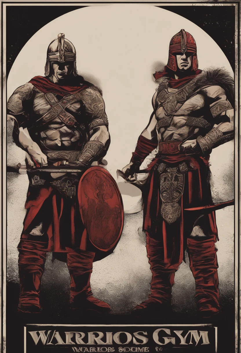 /Imagine Prompt: Illustration of a warrior and a warrior holding weights in their hands and the text appears: "WARRIORS GYM" con fondo negro, en negrita, bordes dentados, Trashcore, sombreado claro --v 5.2