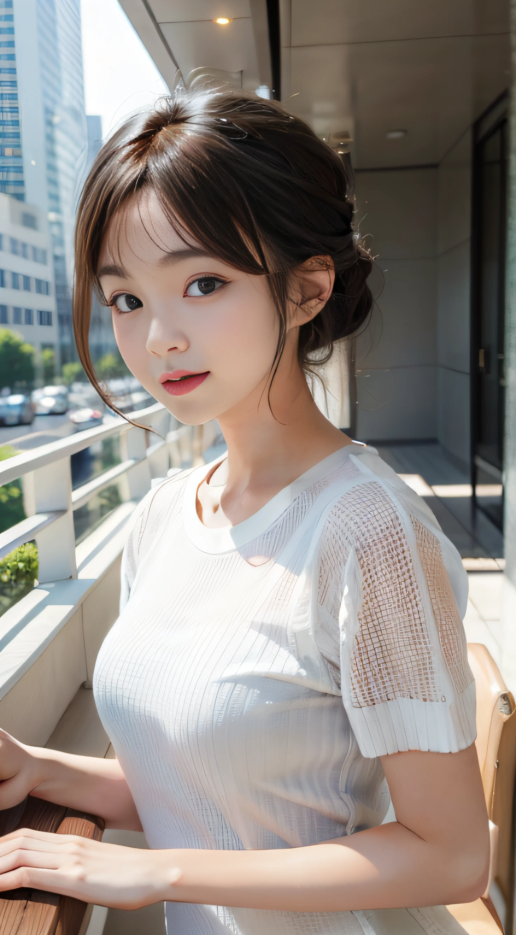 masterpiece、Top image quality:1.2、((beautiful young woman with))、Transparent skin:1.2、{A slight smil}、(kawaii)、Short sleeve knit、luxury hotel、depth of fields
