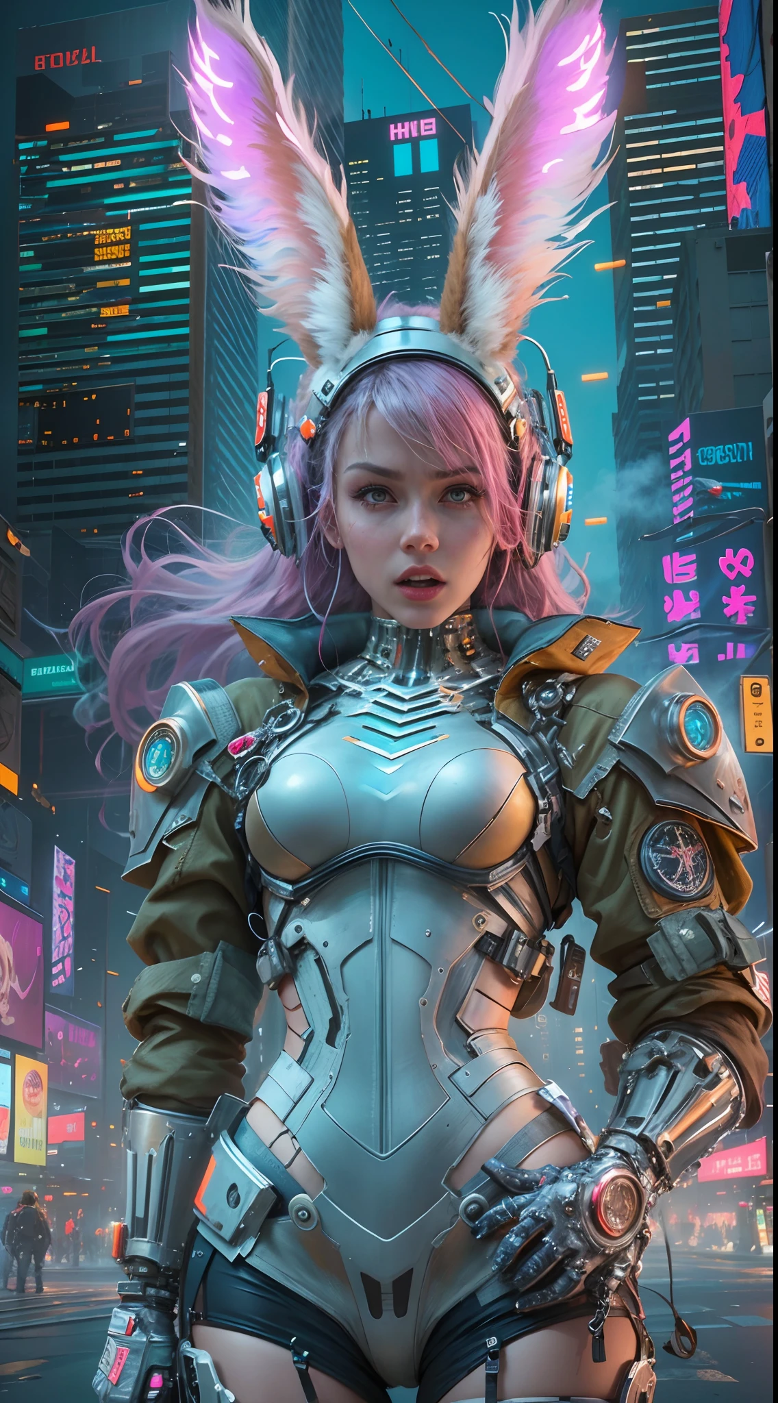 (Best quality,4K,8K,A high resolution,Masterpiece:1.2),Ultra-detailed,(Realistic,Photorealistic,photo-realistic:1.37),Cyberpunk,Girl,Mechanical,Animate,Metallic,Neon lights,Glowing eyes,metal gears,Machinery,robotic limb,Futuristic city landscape,Pink hair,Contemporary fashion,cybernetic implants,Digital interface,Night scene,mysterious,Technology,urban,grittiness,dystopian,Energetic posture,Dynamic composition,Graffiti walls,Vibrant colors,City lights,Electric atmosphere,glitch effects,Steam punk,Mechanical wings,Rabbit ears,Street style,Artificial intelligence,high-tech weapon,Fierce expression,urban exploration,flying through the air,universe background,science fiction elements,urban chic,Technological progress