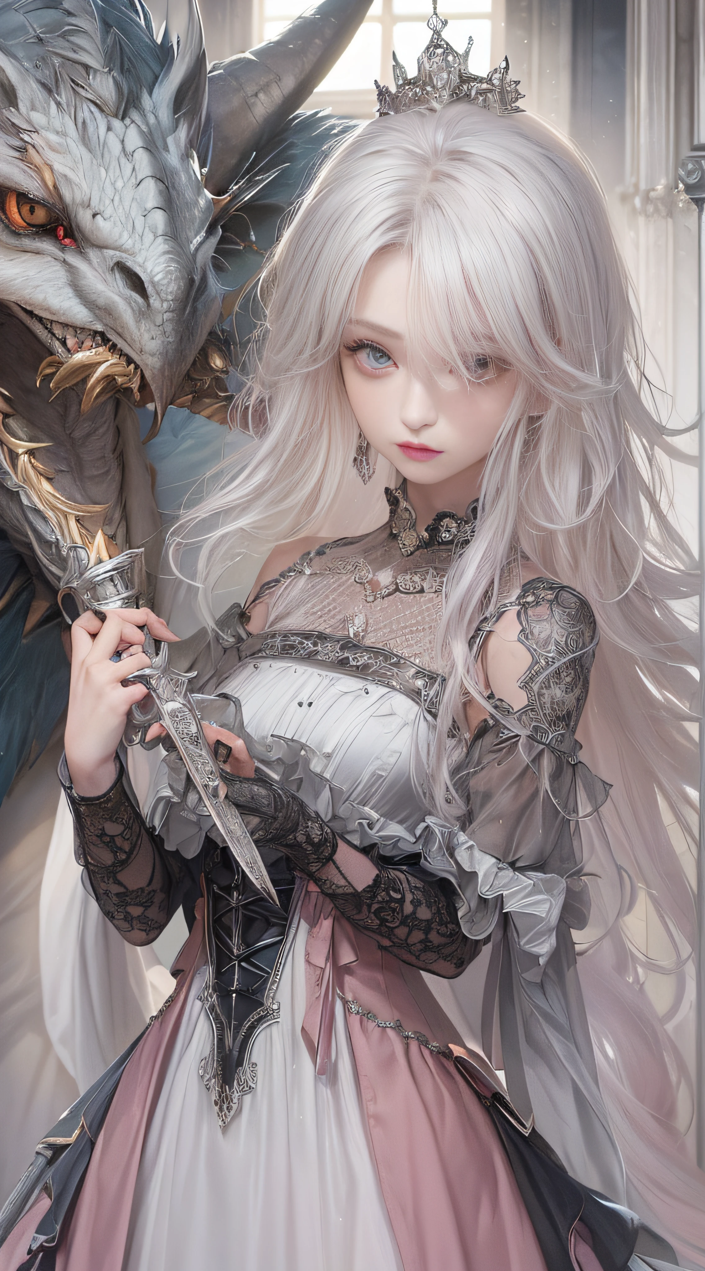 (((Masterpiece))), (((top quality))), (((super detailed))), Fighting a dragon on a castle, holding a very large gothic designed sword, very dark and spooky castle, dark light of the moon, One woman in Gothic Lolita fashion, 14 years old, anatomy (beautiful grey eyes, very large slit eyes, delicate, lonely, beautiful eyes, very long eyelashes, thin nose, small mouth, thin lips, thin body, slightly long neck, slightly thin shoulders, long thin arms, long thin legs), accurate pose (facing forward Accurate make-up (unhealthy complexion, natural make-up, light brown eyeshadow, very light pink blush, natural and natural very light pink lipstick), accurate skin (translucent white, perfectly smooth skin texture), accurate hair (bright clean silver hair, curls vertically, long, windswept hair), accurate outfit (black dress with ruffles and lace with Shoulders are visible), accurate lighting (Very dark light, oblique lighting) photographic equipment (SLR, single focus lens), settings (f/1.8, S400, ISO 100), accurate full-body, highly photorealistic,