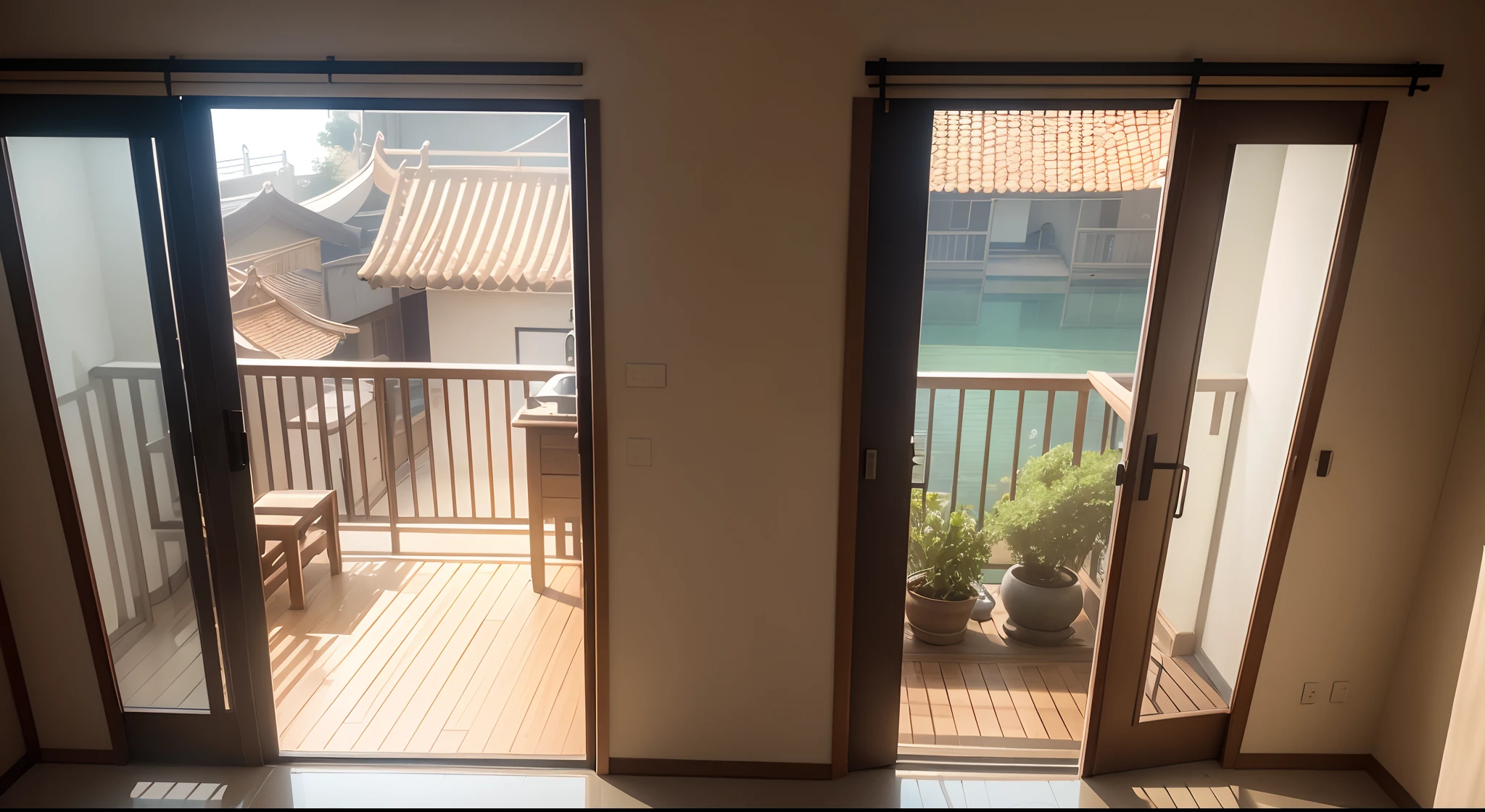 Living room balcony，The viewing angle is towards the outside of the railing，Chinese ornamental fish pond on the left，Washing machine wash basin on the right，Beige wood grain tiles，Ceiling latex paint，There is a railing in front，The middle door becomes a transparent sliding door，The overall perspective is reduced to the perspective where the person is standing